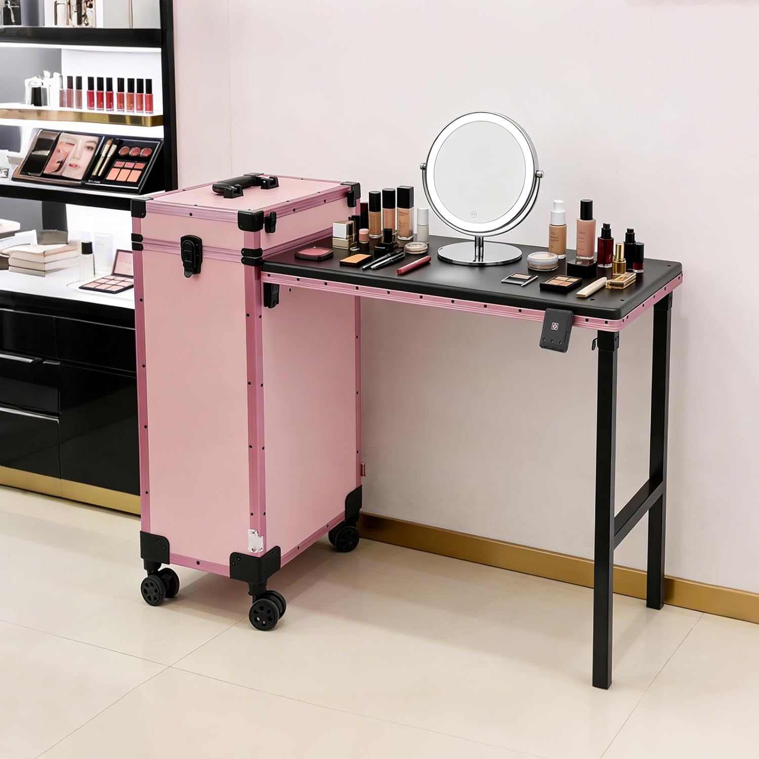 Portable Manicure Table 3 Drawers, Rolling Lockable Makeup Train Case w/Blueteeth Speaker&Nail Polish Organizer, Foldable Beauty Salon Makeup Station w/Dimmable Mirror for Nail Tech Makeup (Pink)