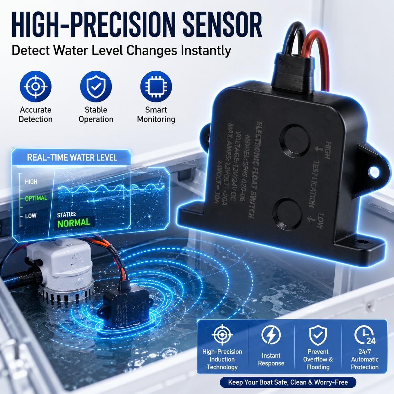 Sensor de bomba de sentina marina Alarma automática Bomba de sentina Interruptor de flotador Interruptor de sensor de nivel de agua Aparato de alarma para yates Bomba de 24V