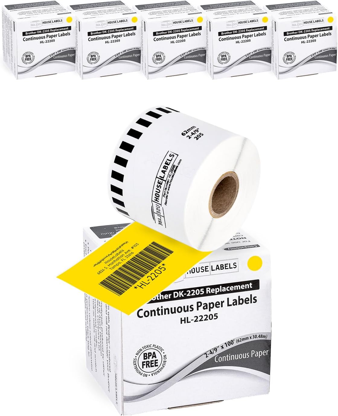 HOUSELABELS Compatible with DK-2205 Replacement Roll for Brother QL Label Printers; Yellow Continuous Length Labels; 2-4/9" x 100 feet (62mm*30.48m) - 6 Rolls