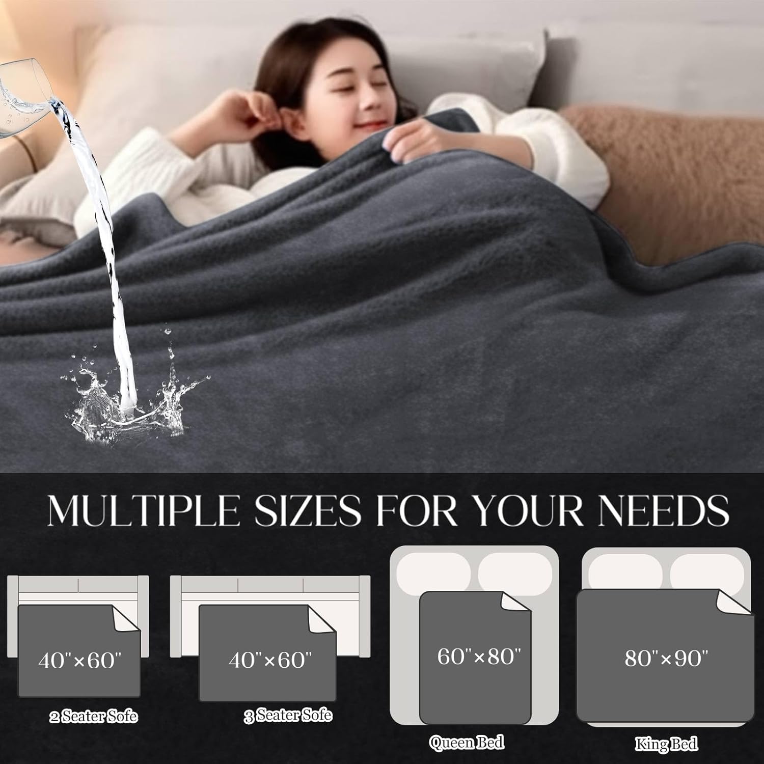 Love Waterproof Dark Gray and Light Gray Bed Blanket 40'' x 60'' with a Storage Bag, Double Sides Flannel 3 Layer Lightweight Throw Size S Blanket Mattress Protector - Image 4