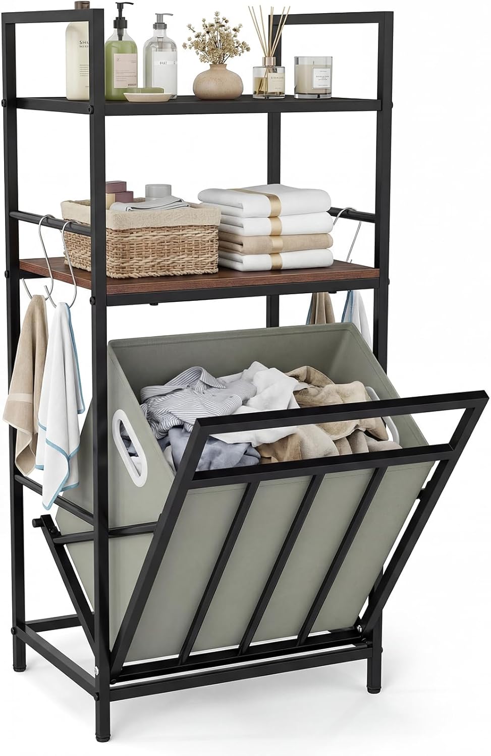 GOFLAME Tilt Out Laundry Hamper with 2-Tier Shelves, Industrial Laundry Basket Organizer with 4 Hooks and Hidden Removable Bag, Bathroom Storage Cabinet for Laundry Room, Bedroom, Dorm