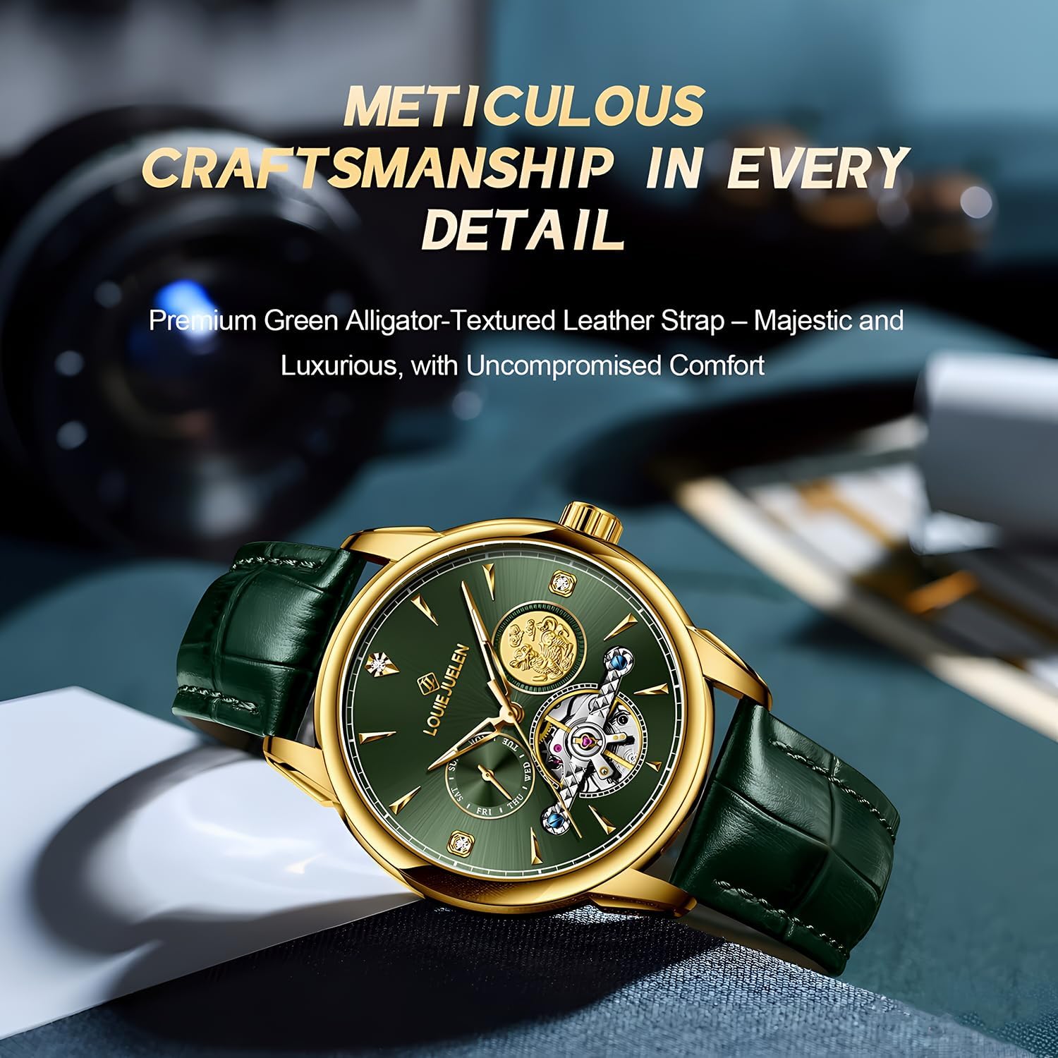 Men's Luxury Automatic Watches with Self-Winding Movement Analog Mechanical Watch with Luminous Hands Waterproof Dress Wrist Watch for Men, Green/Black/White/Silver Dial, Leather/Stainless Steel Band, No Battery Needed