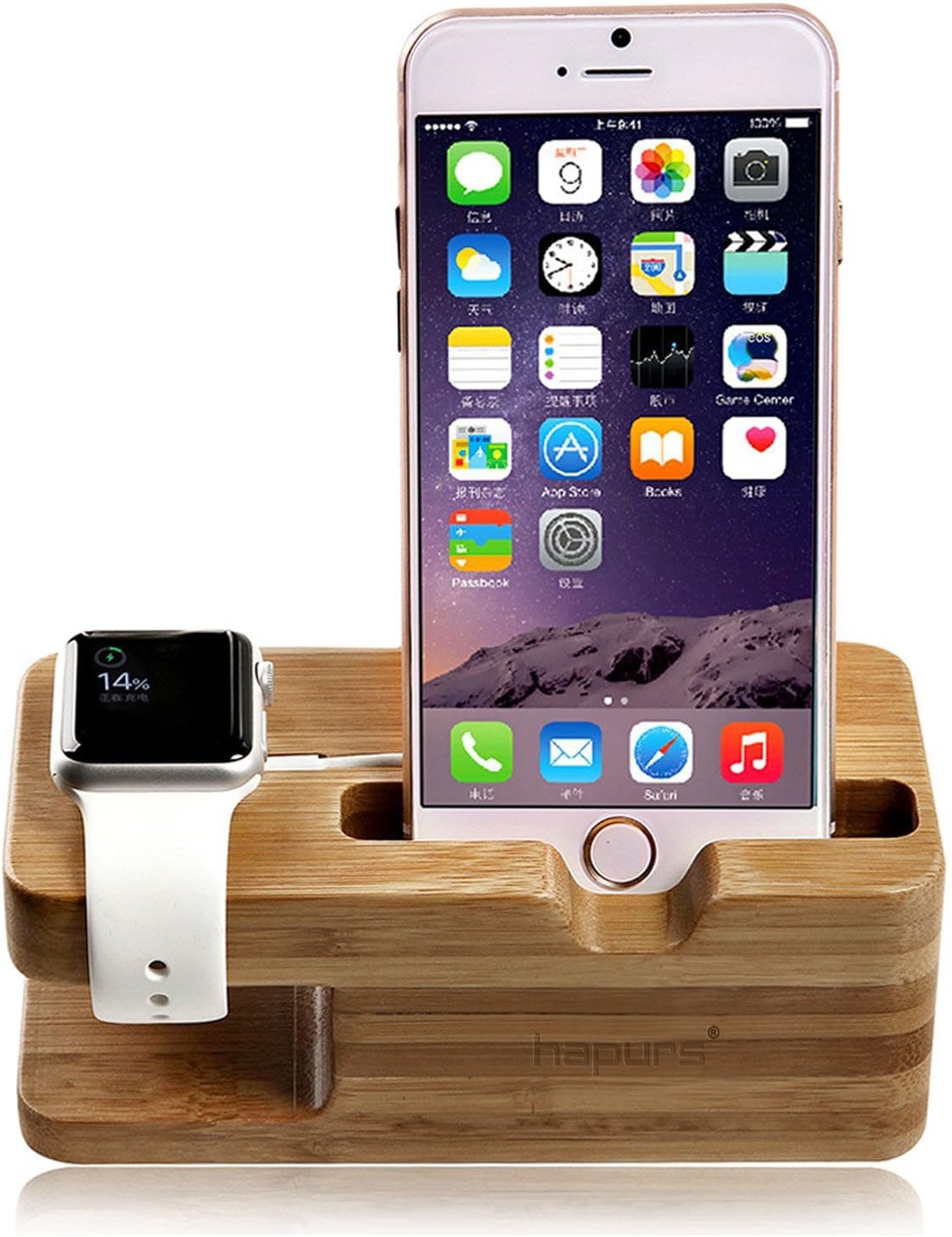 Apple Watch Stand, Hapurs iWatch Bamboo Wood Charging Dock Charge Station Stock Cradle Holder for Apple Watch Both 38mm and 42mm & iPhone 6 6 Plus 5S 5