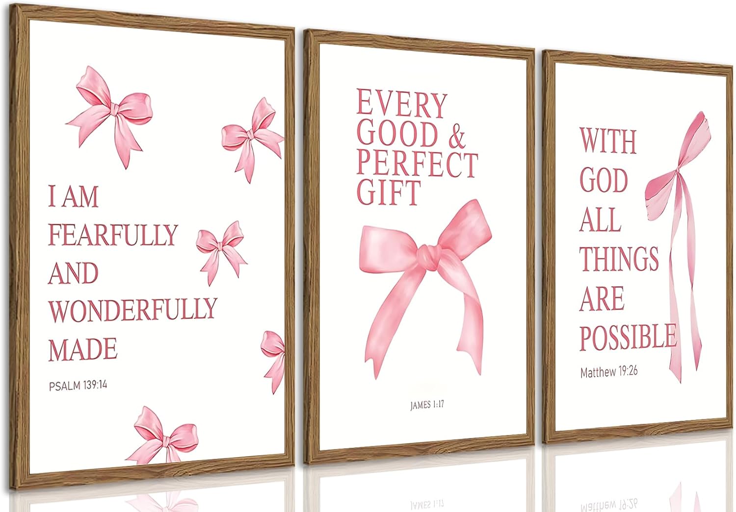 JBZDD Wood Coquette Pink Bow Canvas Wall Art Set of 3, Inspirational Bible Verses Decor Posters Pictures Prints Aesthetic for Girls Room College Apartment Living Room Bedroom Framed 12x16 Inch