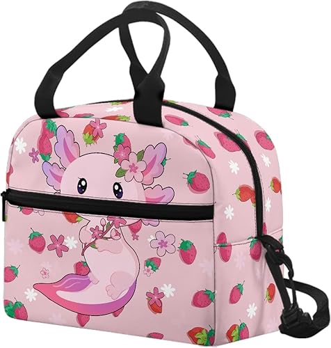 Miniatura 3 de Drydeepin Axolotl - Lonchera con bonito estampado de fresas para mujer, bolsas enfriadoras aisladas, a prueba de fugas, bolsas de almuerzo de gran