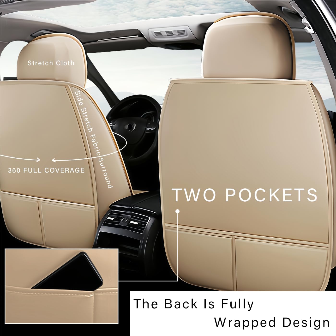 URINOVET Custom Fit for Nissan Pathfinder 2000-2025 Car Seat Covers | Non-Slip Car Seat Protectors | All-Weather | Heated & Cooled Seat Ready Full Set with Pillow Beige