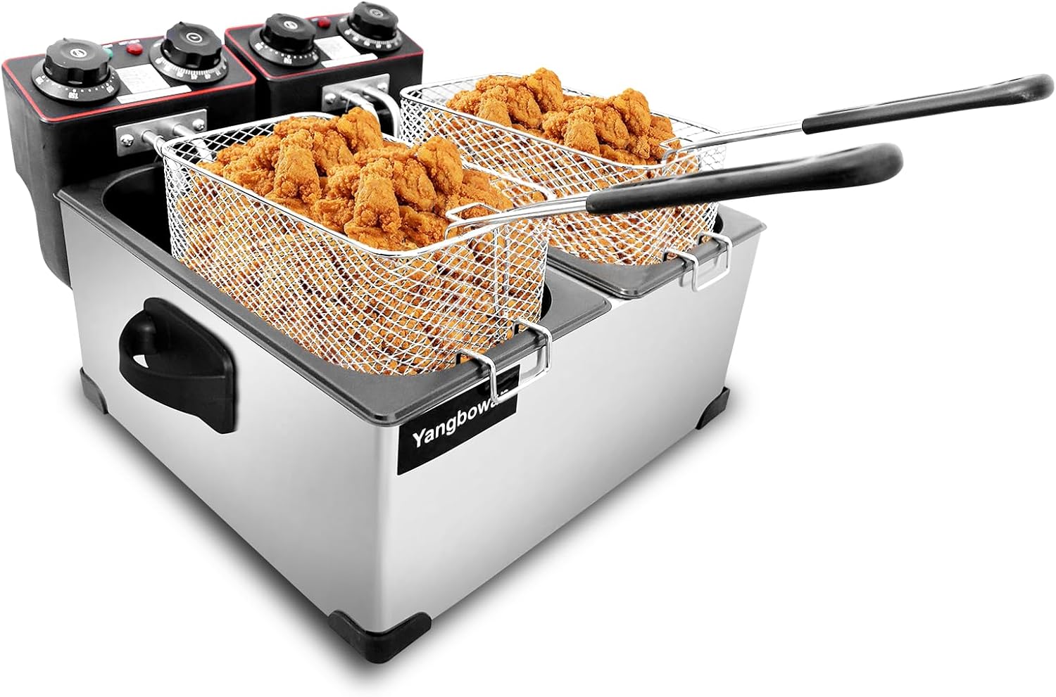 Deep Fryer with Basket, 5.4QT/6L Fryer Pot with Basket, 2600W Double Deep Fryer with 2 Baskets, Timer Control Adjustable Temperature,Lid with Viewing Window, Perfect for Home, Fry Fish