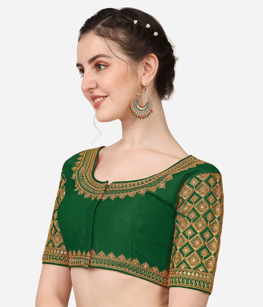 Pujia Mills Women's Embroidery Handwork Sequence Work Heavy Sleeves Readymade Blouse