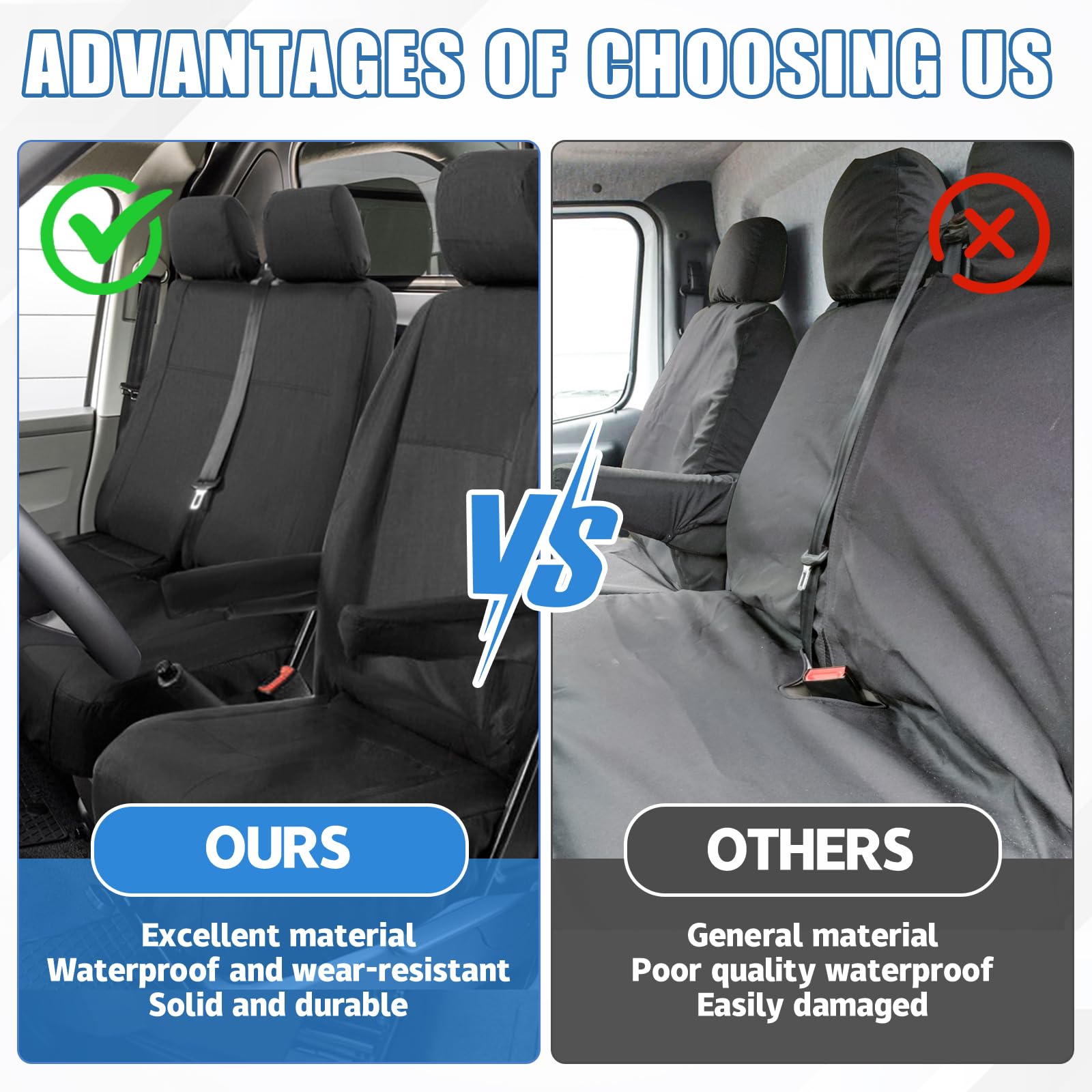 Opaltool Set Autostoelhoezen Geschikt voor VW Transporter T5/T5.1 2003-2015, 3 Stoelen Zwart Heavy Duty Tailored Waterdichte Stoelhoezen, Bestuurder & Dubbele Passagier Stoelen