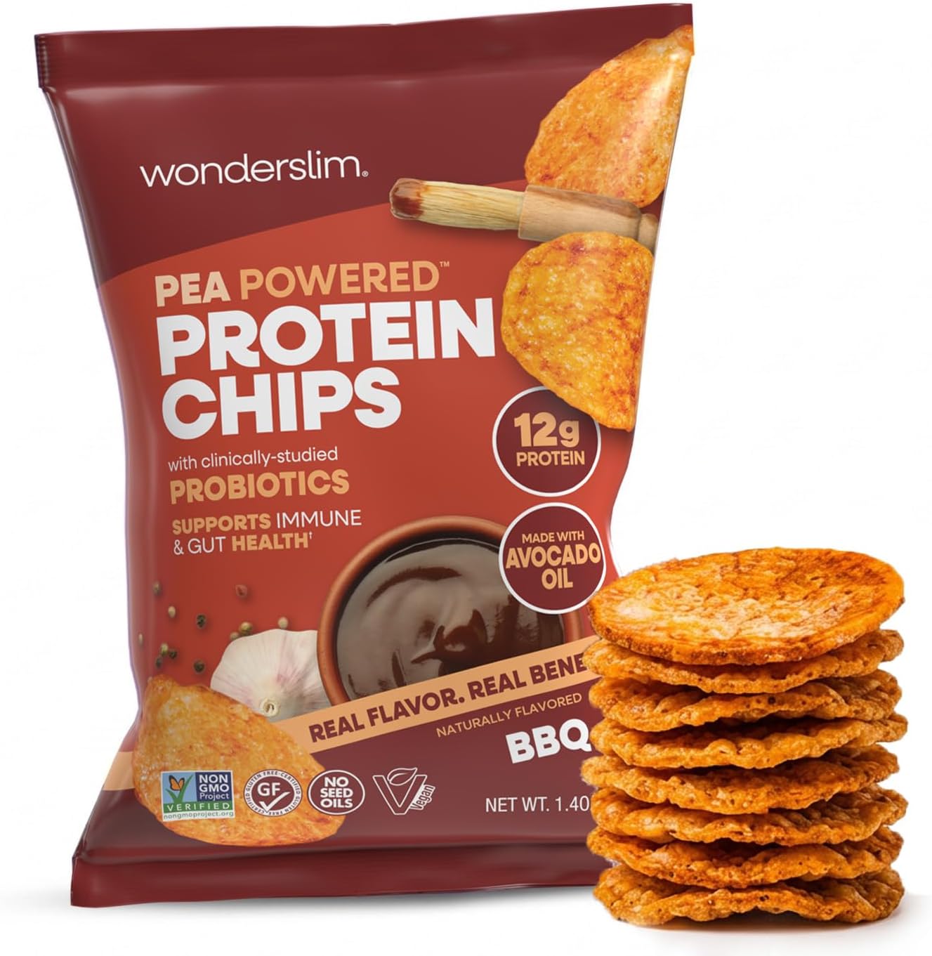 Wonderslim Protein Chips with Probiotics, BBQ | 12g Plant Protein, 170 Cal | High Protein Chips, Vegan, Gluten Free, Non-GMO | Made with Avocado Oil, No Seed Oils | 12 Pack