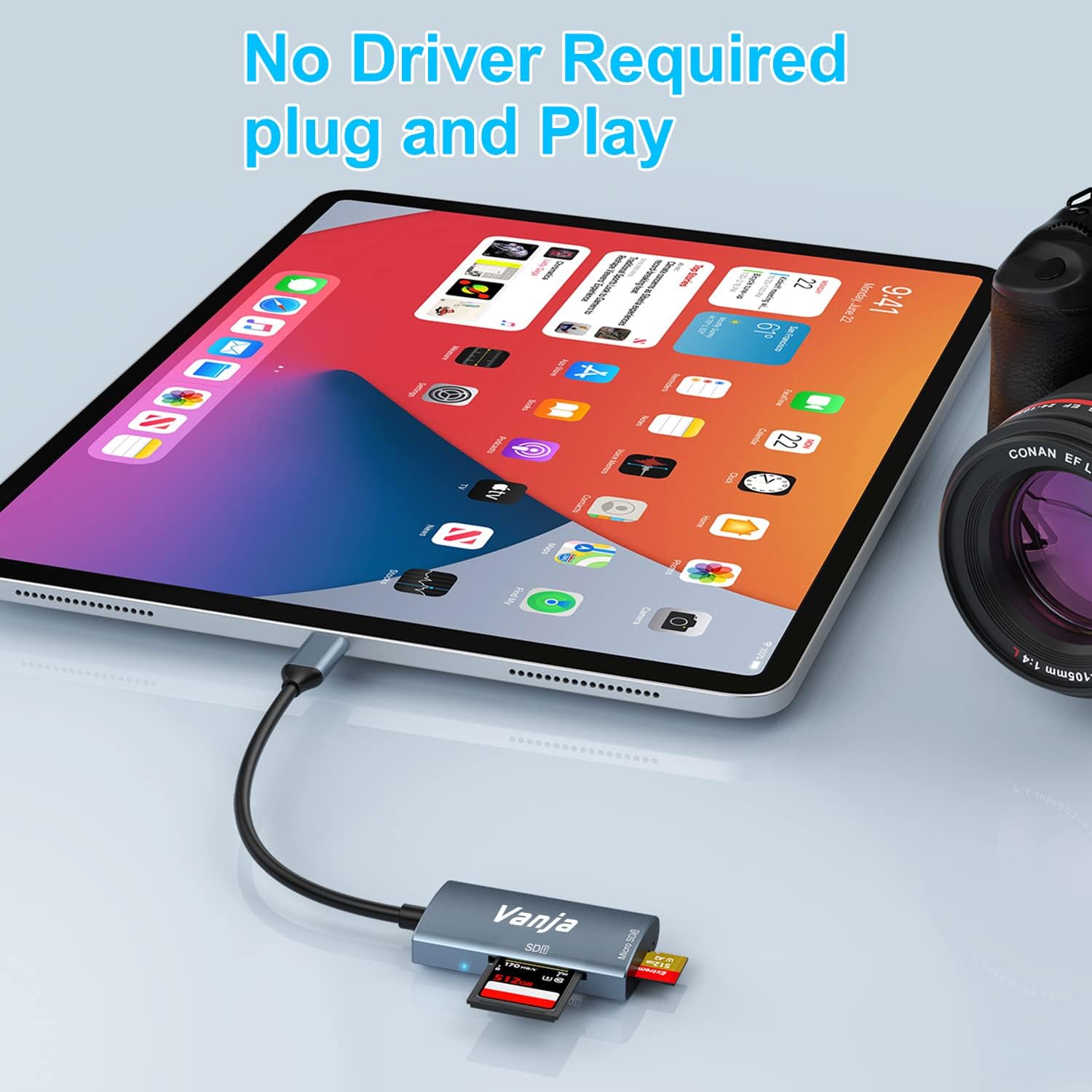 Vanja USB-C SD Card Reader connected to an iPad Pro with a MicroSD card inserted