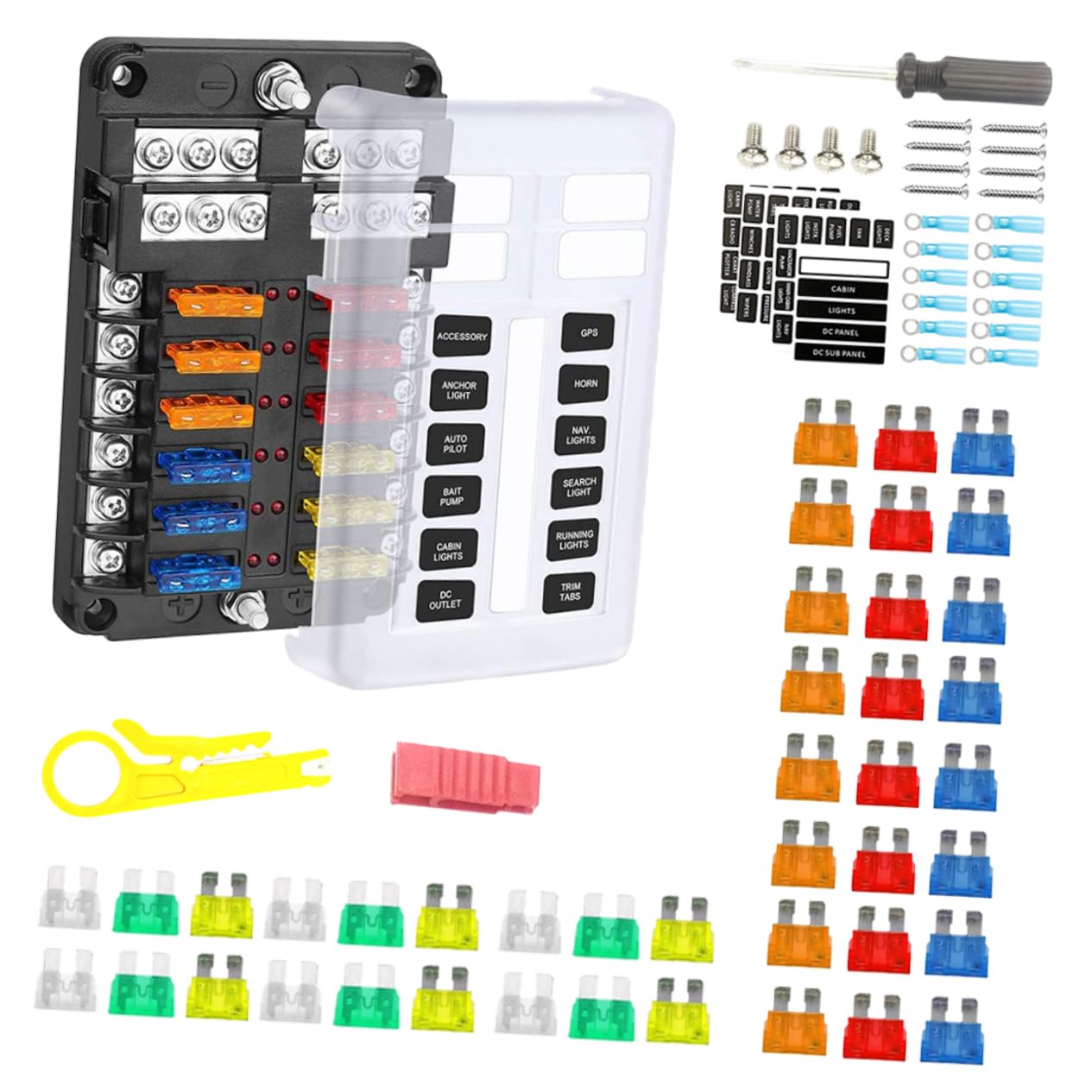 iplusmile Porta Fusibili per Auto e Barca 12 Vie Protezione Anti Spruzzi D'acqua, Struttura in Pbt e Rame Nichelato, Manutenzione Rapida Luce LED Indicatrice e Accessori Completi