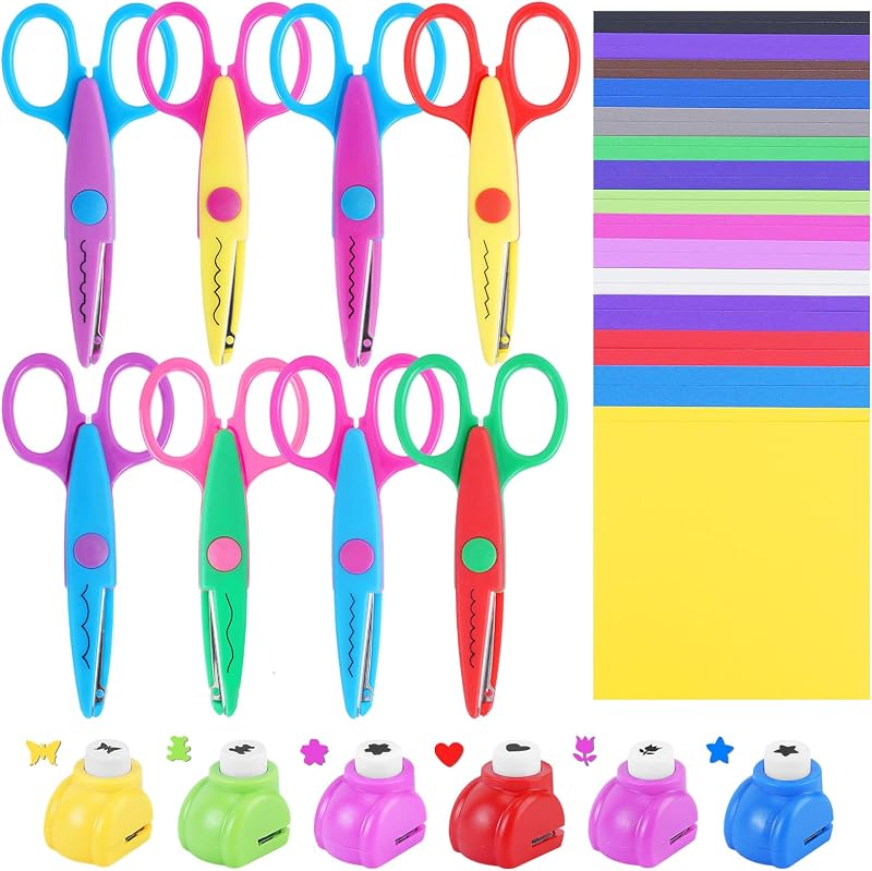 UCEC Paquete de 44 suministros para artes y manualidades para niños, juego de manualidades | 8 tijeras para manualidades con bordes decorativos, 6 perforadoras de papel con formas, 30 cartulinas de colores para álbumes de recortes, fabricación de tarjetas, escuela
