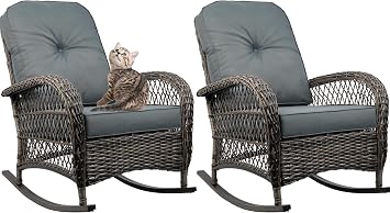 Outdoor Wicker Rocking Chair, All Weather Resin Rattan Wicker Rocking Chairs, for Garden Backyard Lown Porch,2pc,Grey