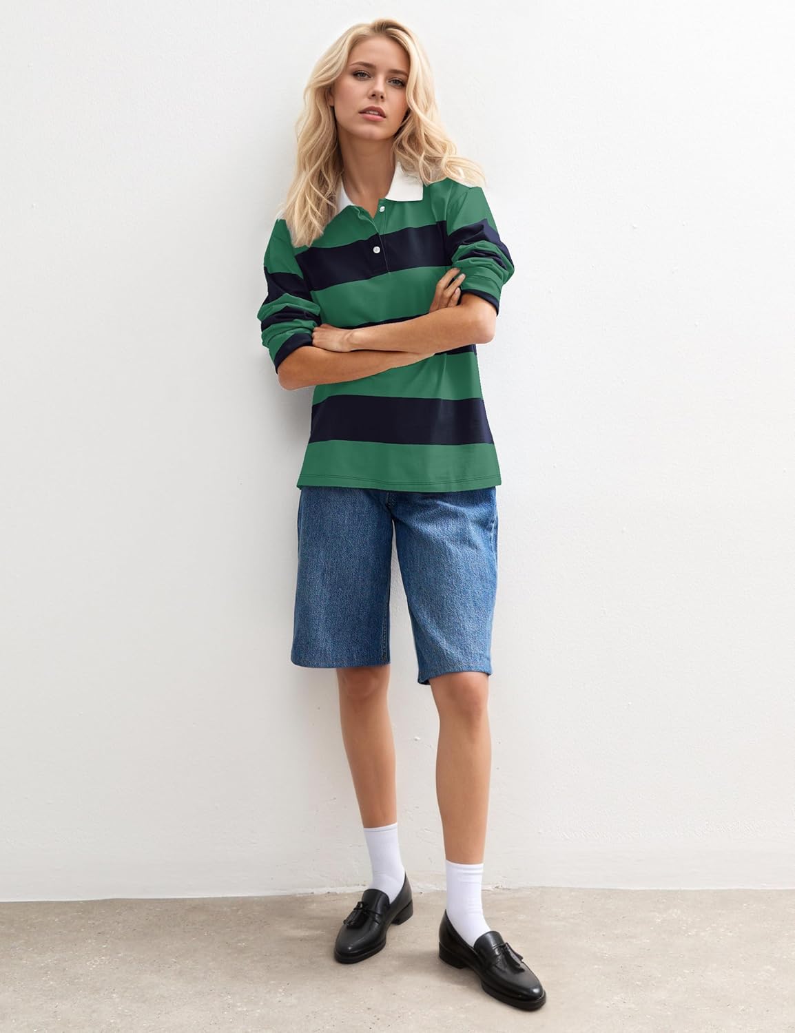 Fall Striped Polo Long Sleeve Shirts for Women Casual Button Lapel V Neck Color Block Tops Vintage Rugby Shirt Blouse - Image 2