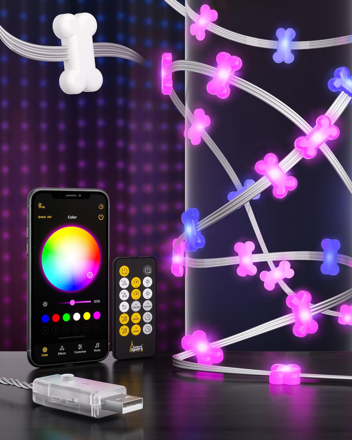 VisionSync Bone-Shaped LED String Lights 36FT,RGB Color Changing Waterproof Fairy Lights,USB Powered,Remote and APP Controlled,Smart Lighting String Decoration for Indoor Outdoor