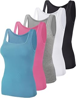 BQTQ 5 Pack Women's Square Neck Tank Tops Sleeveless Undershirts - Breathable, Stretchy 95% Polyester in 5 Colors S-XXL