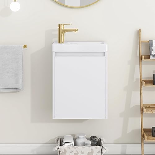 Miniatura 7 de CuisinSmart Conjunto de tocador de baño de 16 pulgadas con lavabo, moderno armario de baño con puertas de cierre suave, juego de gabinete de baño