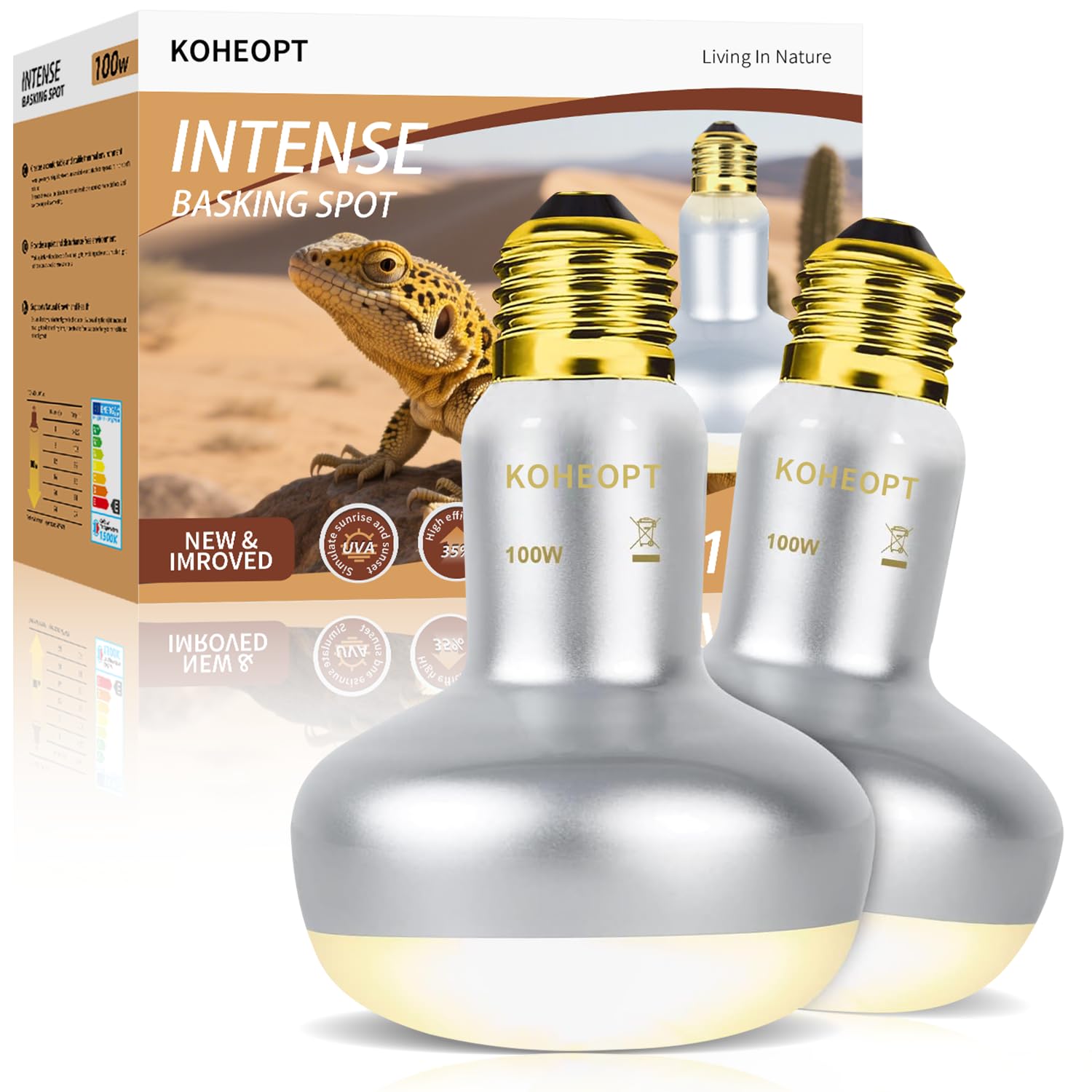 KOHEOPT Reptile Heat Lamp 100W,(2 Pack) Heat Emitter UVA Heat Lamp Bulb,Intense Basking Spot Simulated Natural Sunlight Heating Lamp Bulb, Fit E26 Pet Lighting fixtures,for Bearded Dragon, Lizard