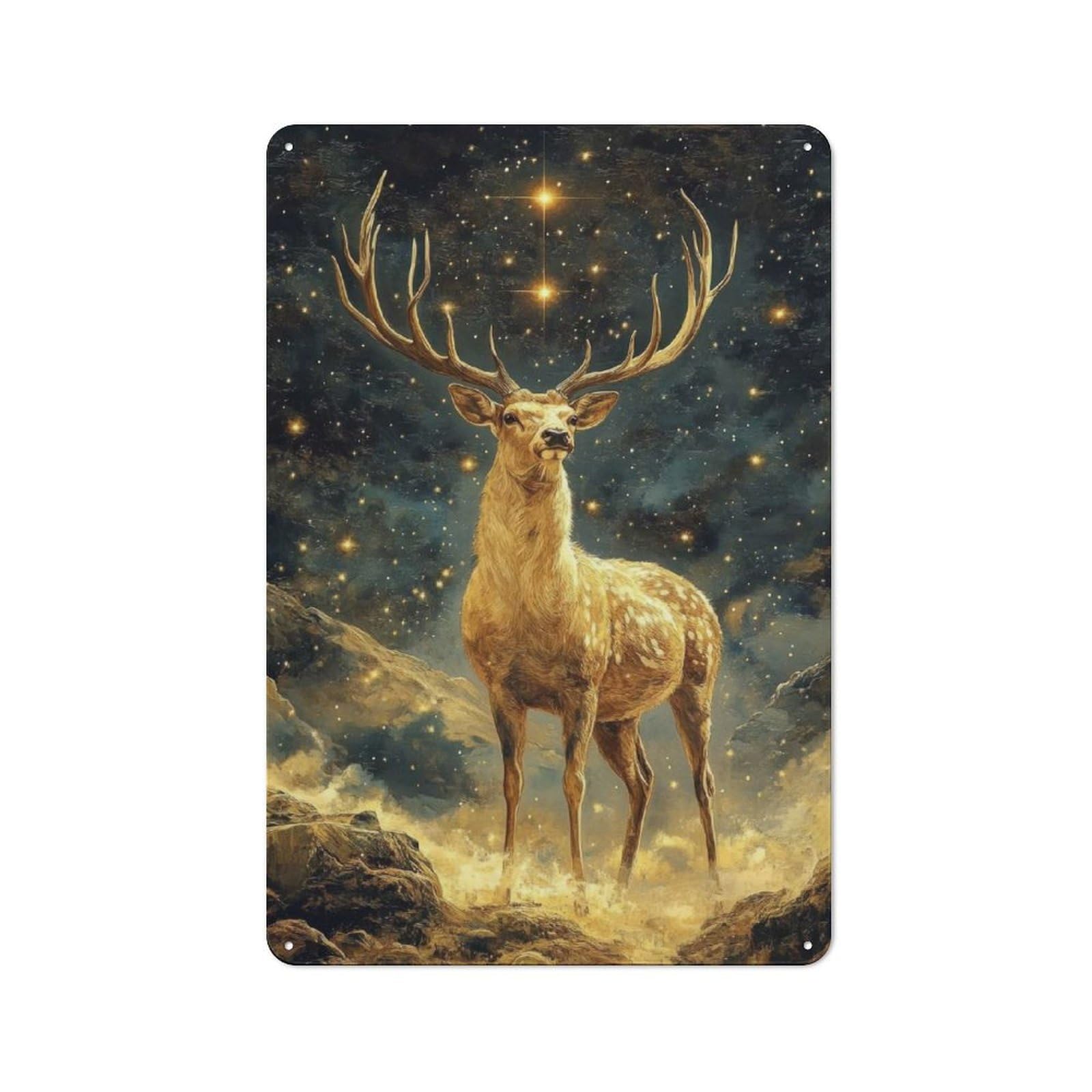 Junmoney Golden Deer Under Stars 30X20cm Rustic Metal Sign With For Hobby Room Or Studio, Metal Sign Decor For Hobby Rooms And Studios