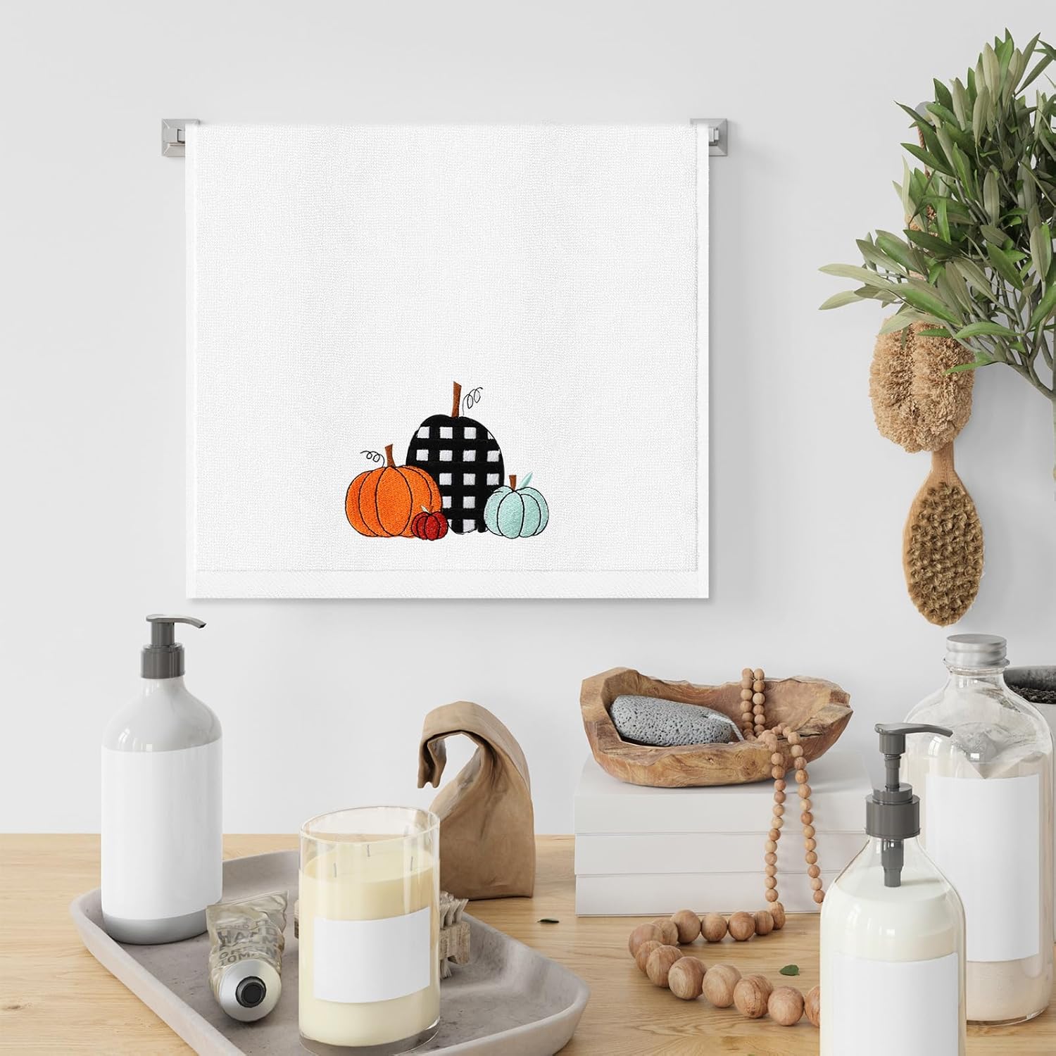 JarThenaAMCS 2Pcs Fall Hand Towels Pumpkin Embroidered Cotton Bathroom Towel with Ribbon Autumn Dish Towel for Thanksgiving Drying Cleaning Cooking Gift, 29.5 x 13.7 Inch - Image 6