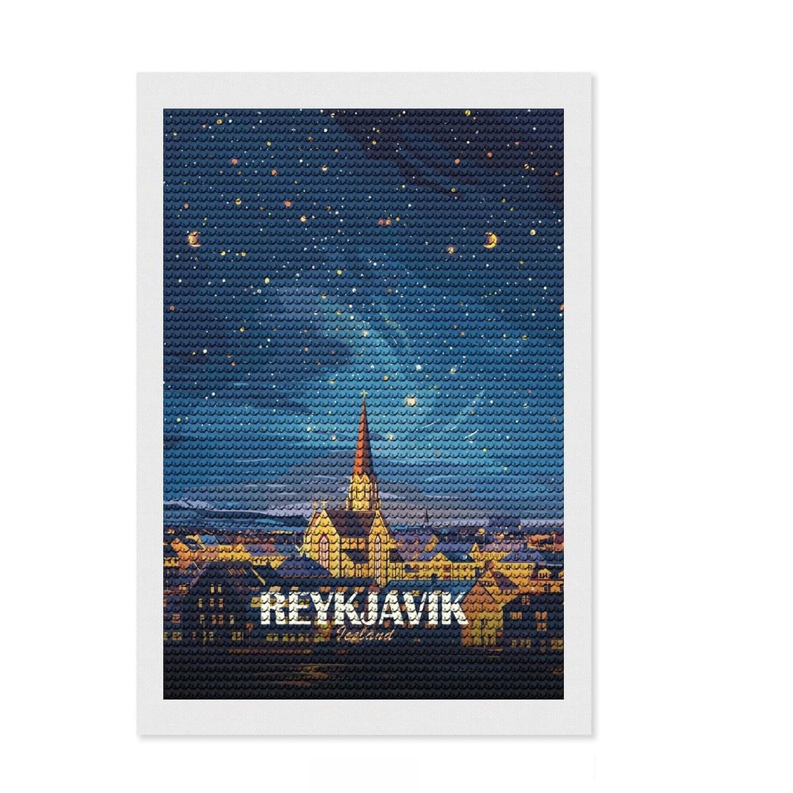 Junmoney Reykjavik Iceland Night Sky Art Round Drill Diamond Painting 8"x12", for Beginners, Simple to Start, Modern Decor, Birthday Gift, Easy to Enjoy