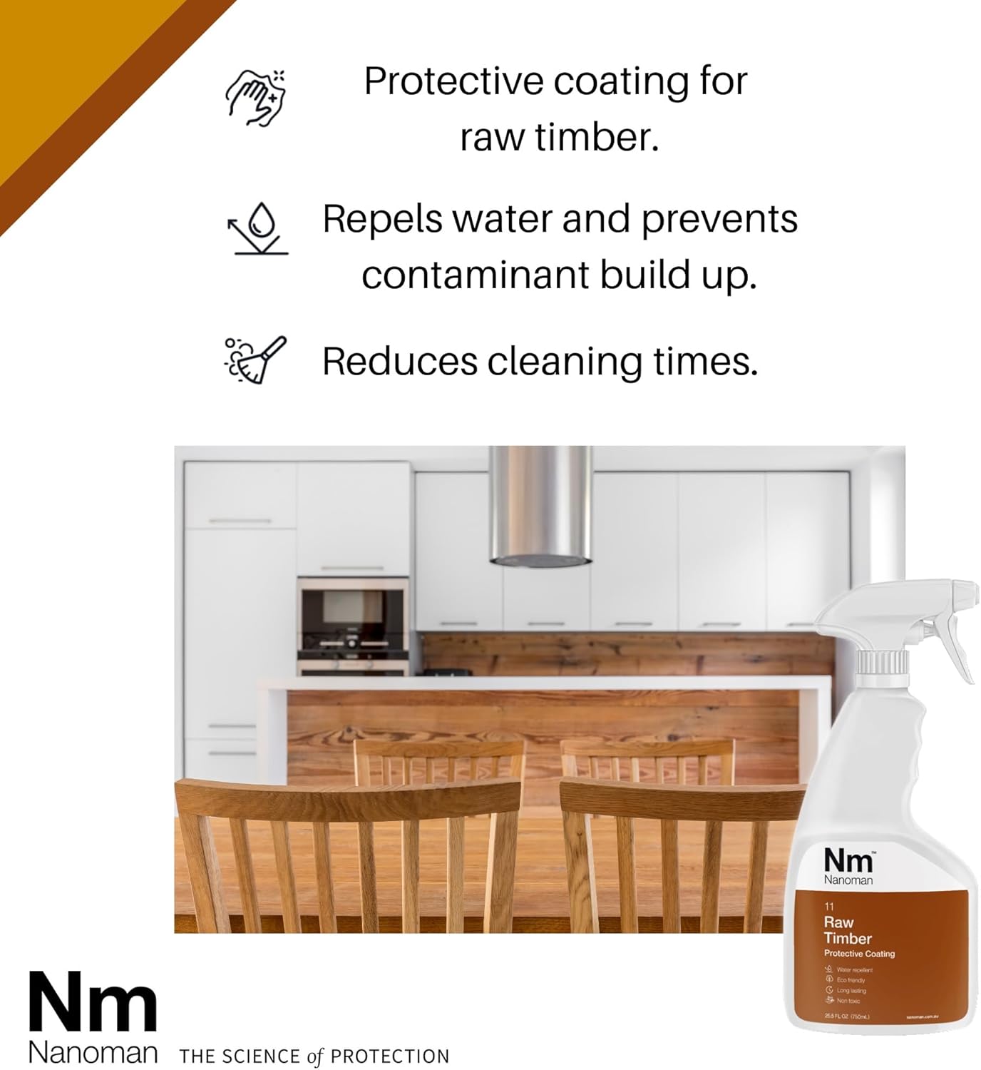 NANOMAN Wood Sealer & Water Repellent 750mL – Clear Penetrating Timber Protector for Waterproofing Raw Wood, Furniture, Benchtops & Outdoor Surfaces – Invisible Finish, One Coat Application
