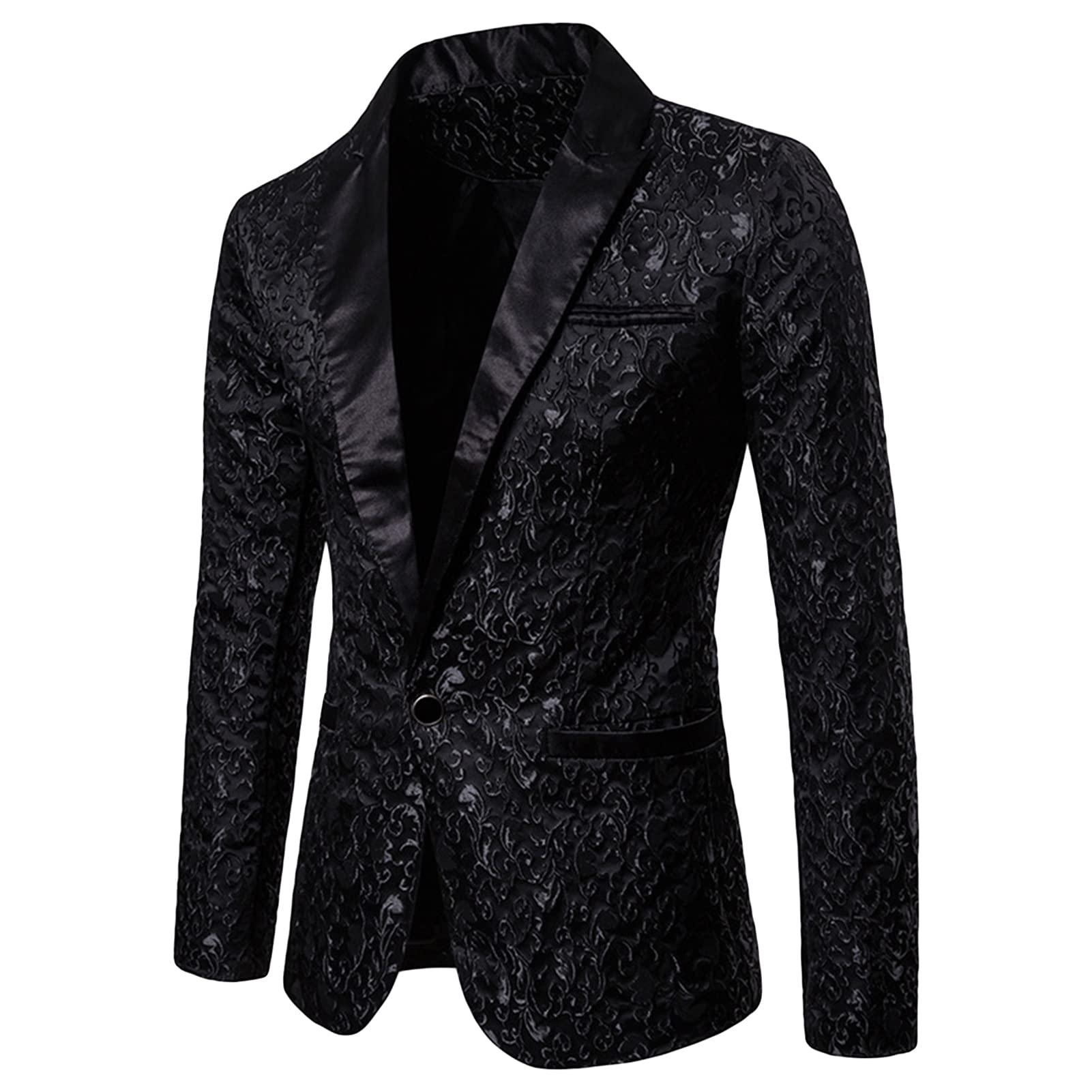 Men's Floral Jacquard Suit Jacket One Button Stylish Print Tux Blazer Notched Lapel Wedding Dinner Dress Tuxedo (Black,Large)