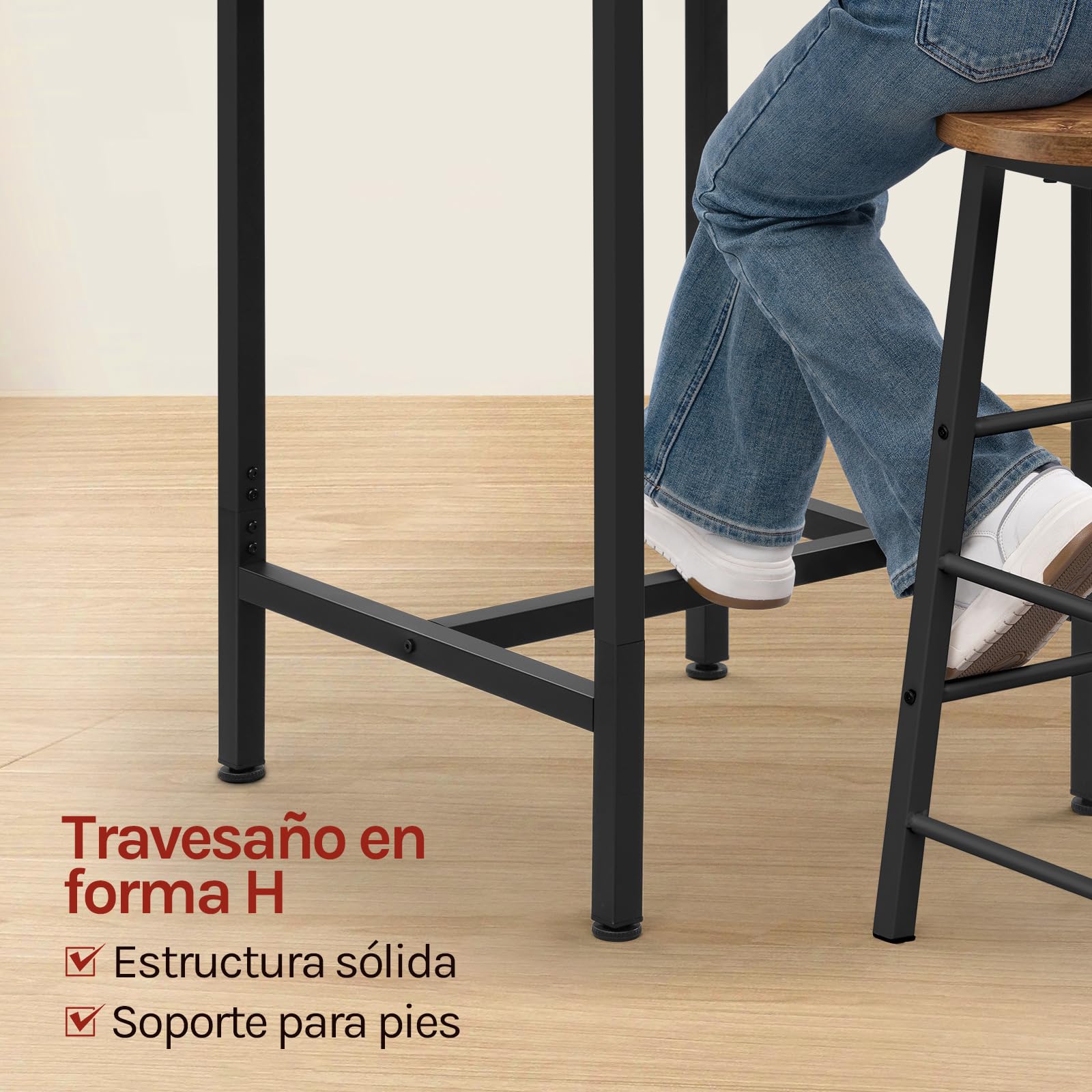 WOLTU Mesa de Bar Cuadrada, Mesa Alta en Estructura Metálica, Barra Cocina de Estilo Nórdico con Pies Ajustables, Marrón Rústico + Negro