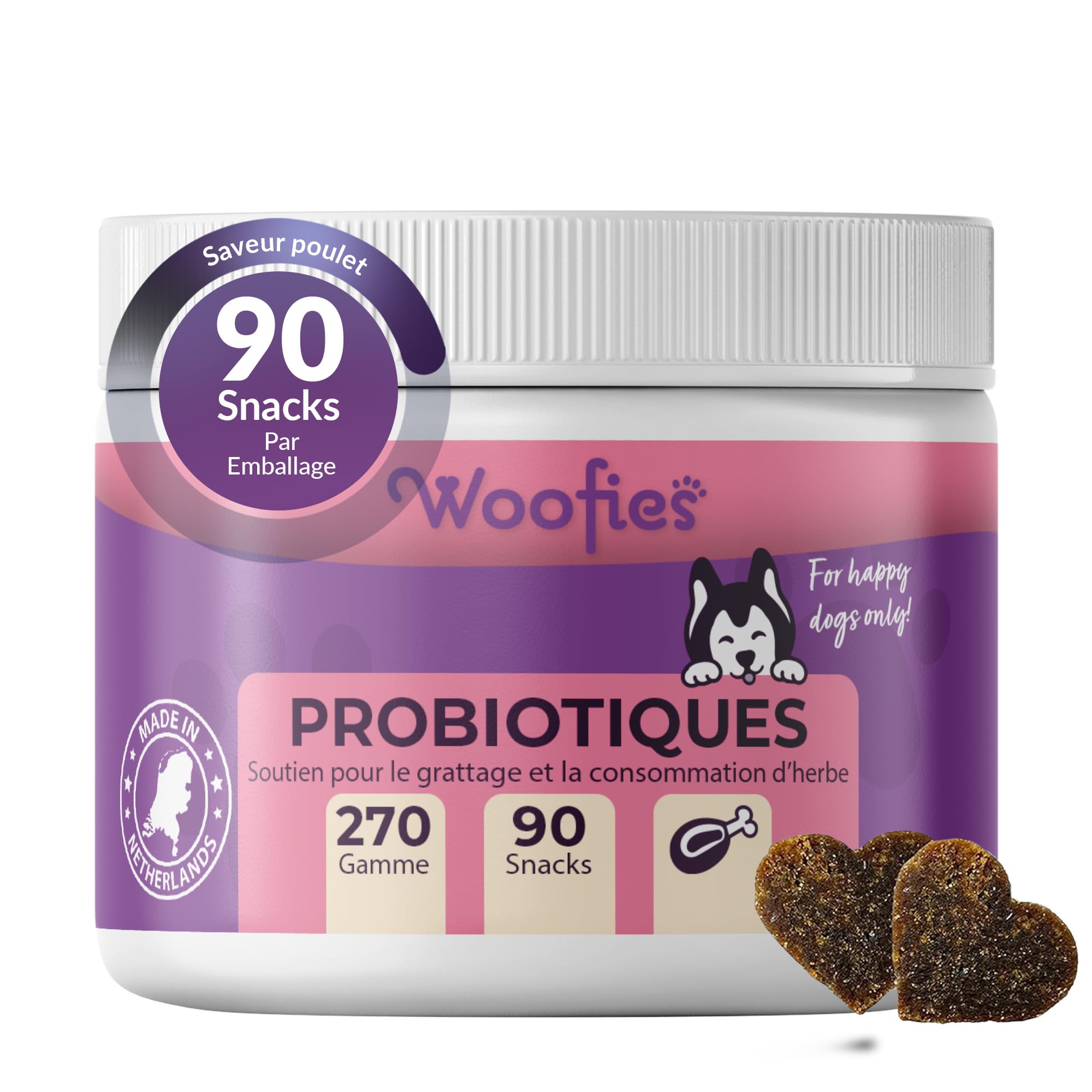Friandises Probiotique Flore Intestinale pour Chiens – 90 Pièces Hypoallergéniques – Renforce la Flore intestinale, favorise la Digestion et Le système immunitaire – 100% Naturelles - Saveur Poulet