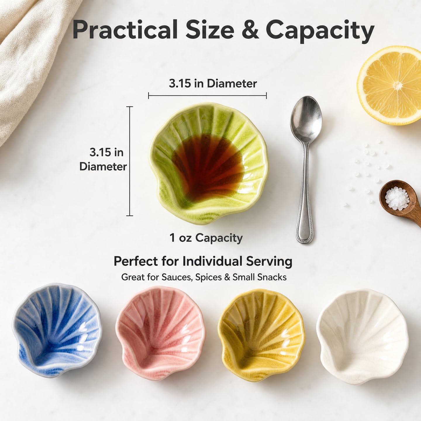 5-Pack Shell-Shaped Ceramic dipping bowls, 1 Oz Mini soy sauce dish, Ideal for salsa, sushi side dishes, butter and more.