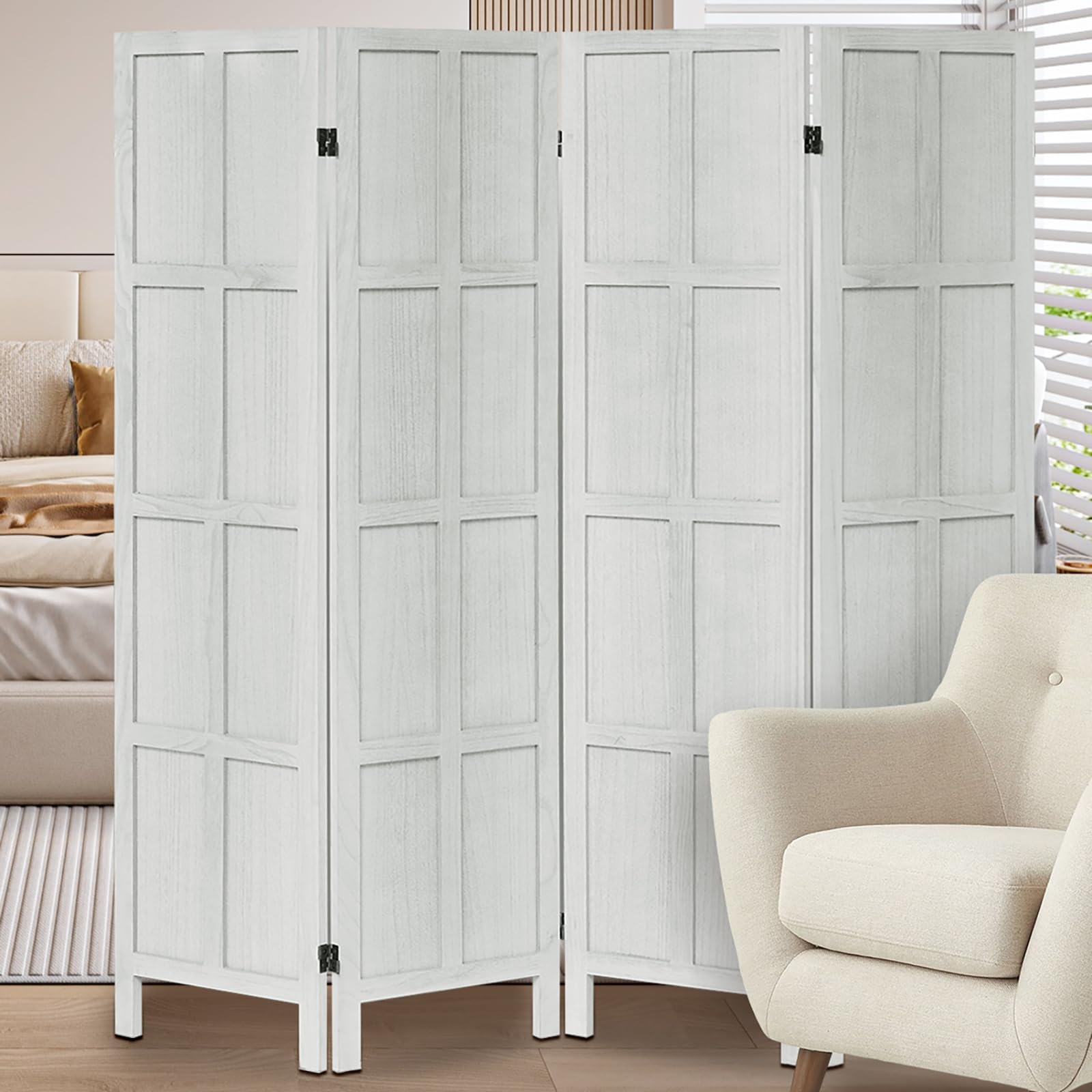 Wood Room Divider 4 Panel Folding Privacy Screen, Classic 5.6Ft Indoor Wooden Partition, Portable Partition Wall Divider for Room Separation, Home, Office, Bedroom, Restaurant (White)