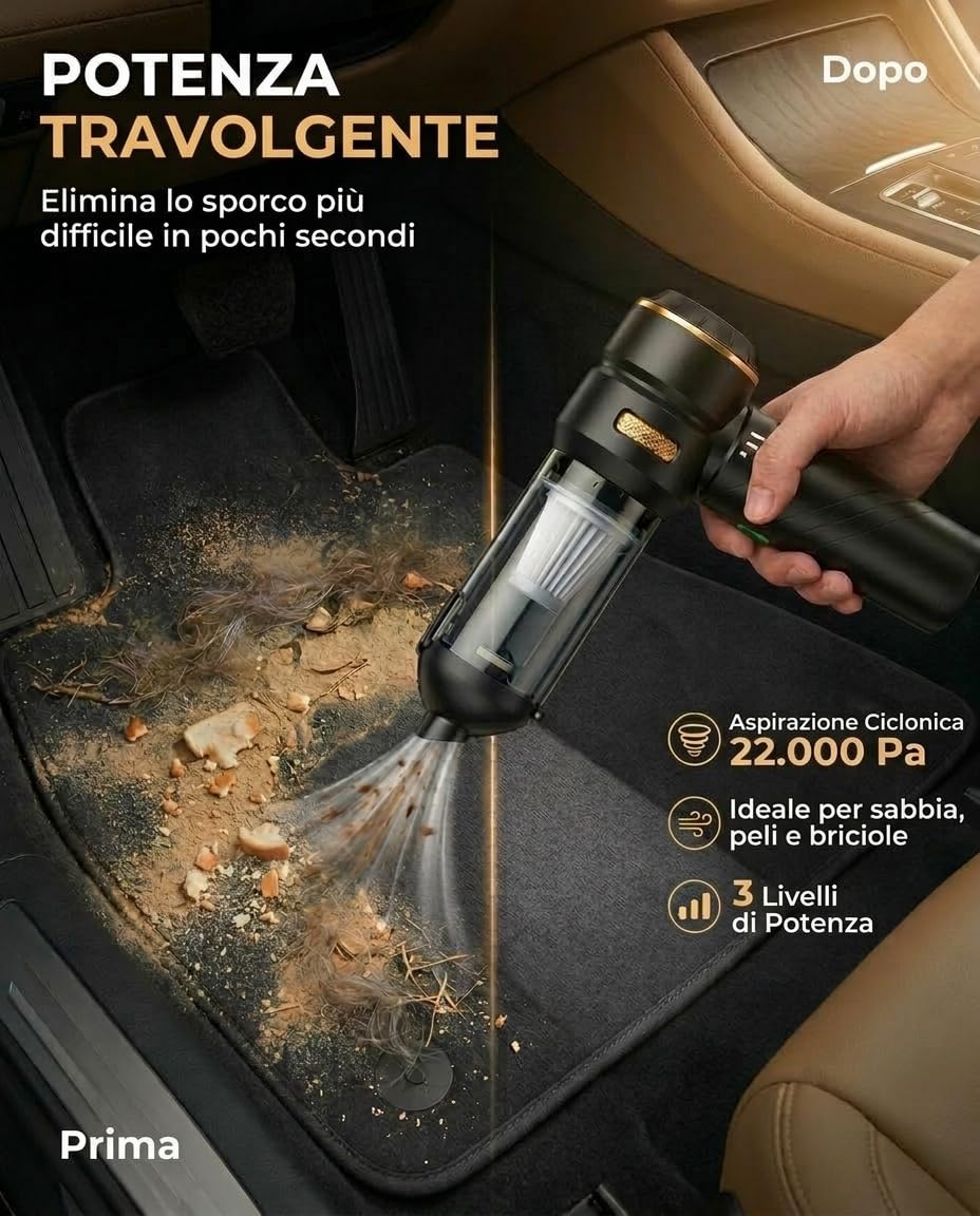 Aspirapolvere Auto, Portatile Pieghevole per Briciole, 22000Pa