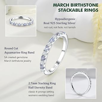 Birthstone Rings Eternity Ring 925 Sterling Silver Yellow Gold Artificial Gemstone Stackable Wedding Band Half Eternity Rings for Women Size 6 to 10