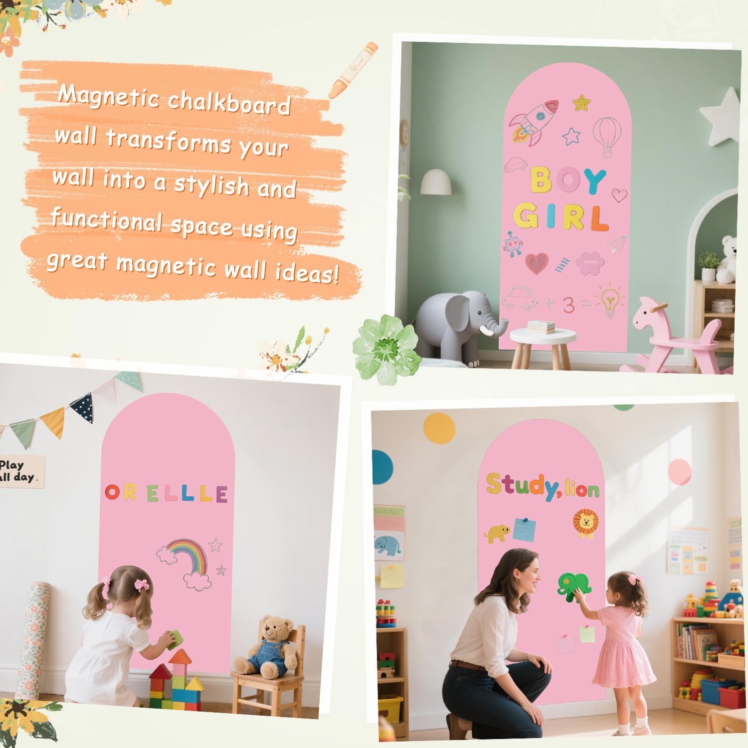 Magnetic Wall Decal 39.3x17.5 Inch Pink Color Magnetic Wall Decal Magnet Wall for Kids Arch Chalkboard with Multiple Accessories Magnet Wall Drawing Learning for Playroom Home