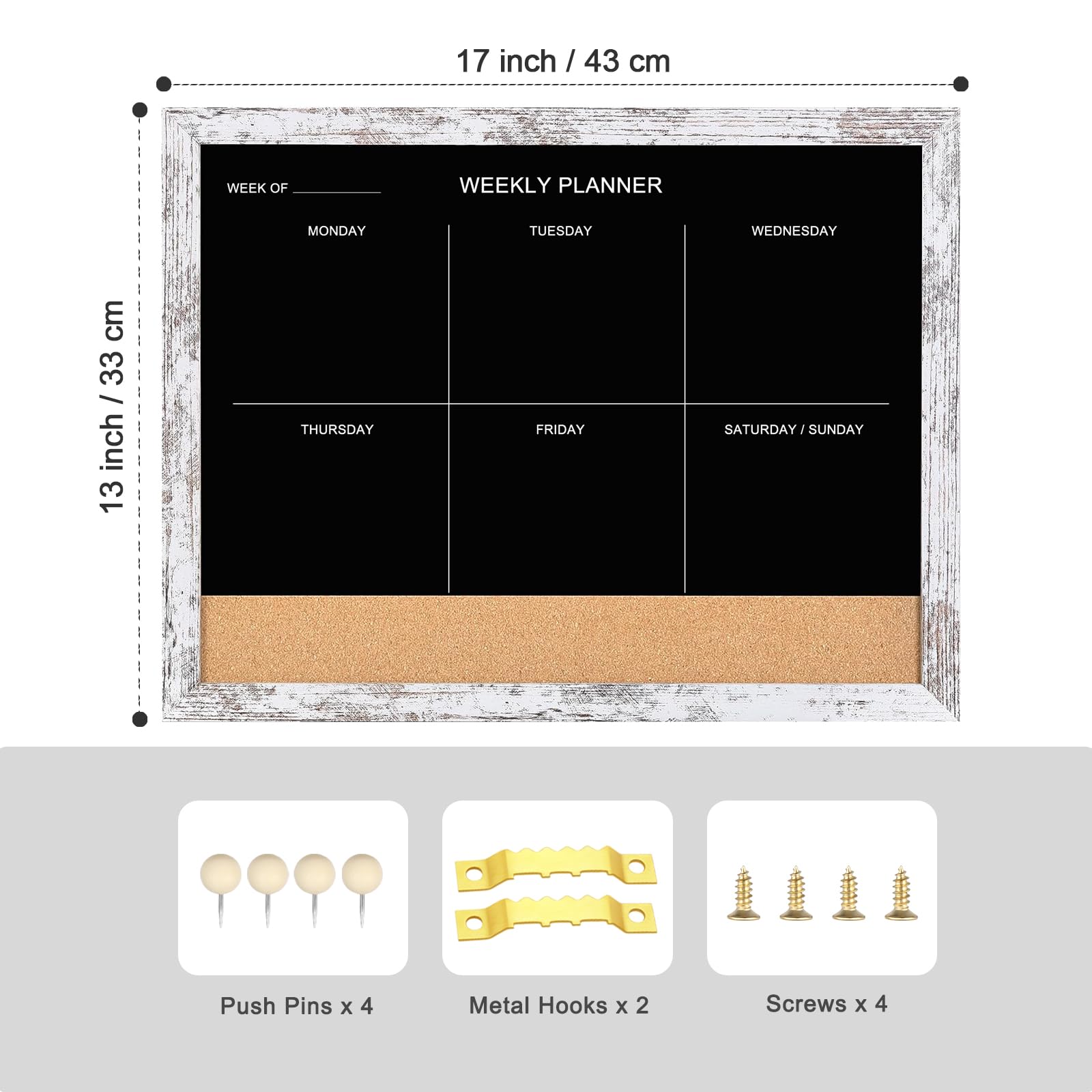 Pizarra y tablero de corcho, calendario semanal de superficie magnética, pizarra y tablón de anuncios, calendario de pizarra combinada para pared, tablero de notas enmarcado de madera
