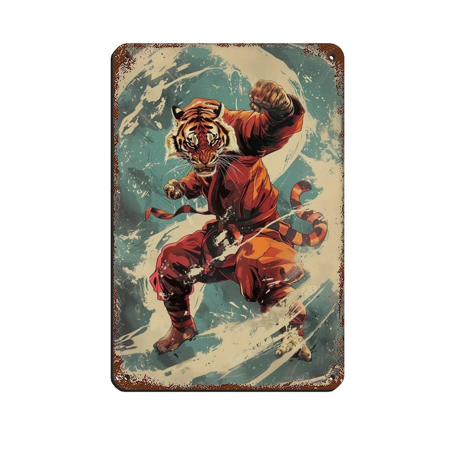 Lxwnze 20L X 30W Cm Ninja Tiger Throwing A Karate Kick, Tin Sign Vintage Metal Pub Club Cafe Bar Home Wall Art Decoration Poster Retro 8X12inch(20X30cm)