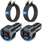65W Chargeur de voiture USB C Chargeur rapide, Port Multi PD QC 3.0 Légèreur de cigarettes à charge rapide USB Connecteur adaptateur de rechargeur de téléphone de voiture avec affichage de tension pour iPhone 17 16 15 Pro Galaxy A16 A17 Android