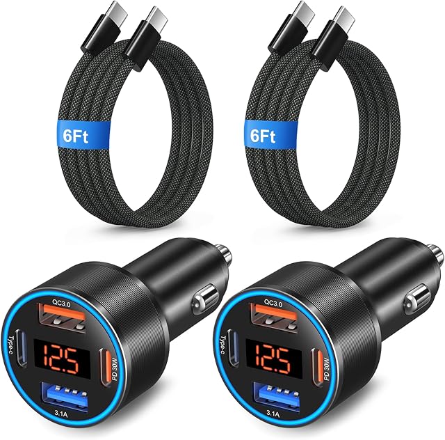 USB C Chargeur de voiture 65W, 4-Port QC PD 3.0 Adaptateur d'éclairage de cigarette à recharge rapide Super Double 12V USB-C & USB-A Chargeur de téléphone de voiture Plug pour iPhone 17 16e 15 Pro Max Câble Galaxy Pixel Android+6FT de type C