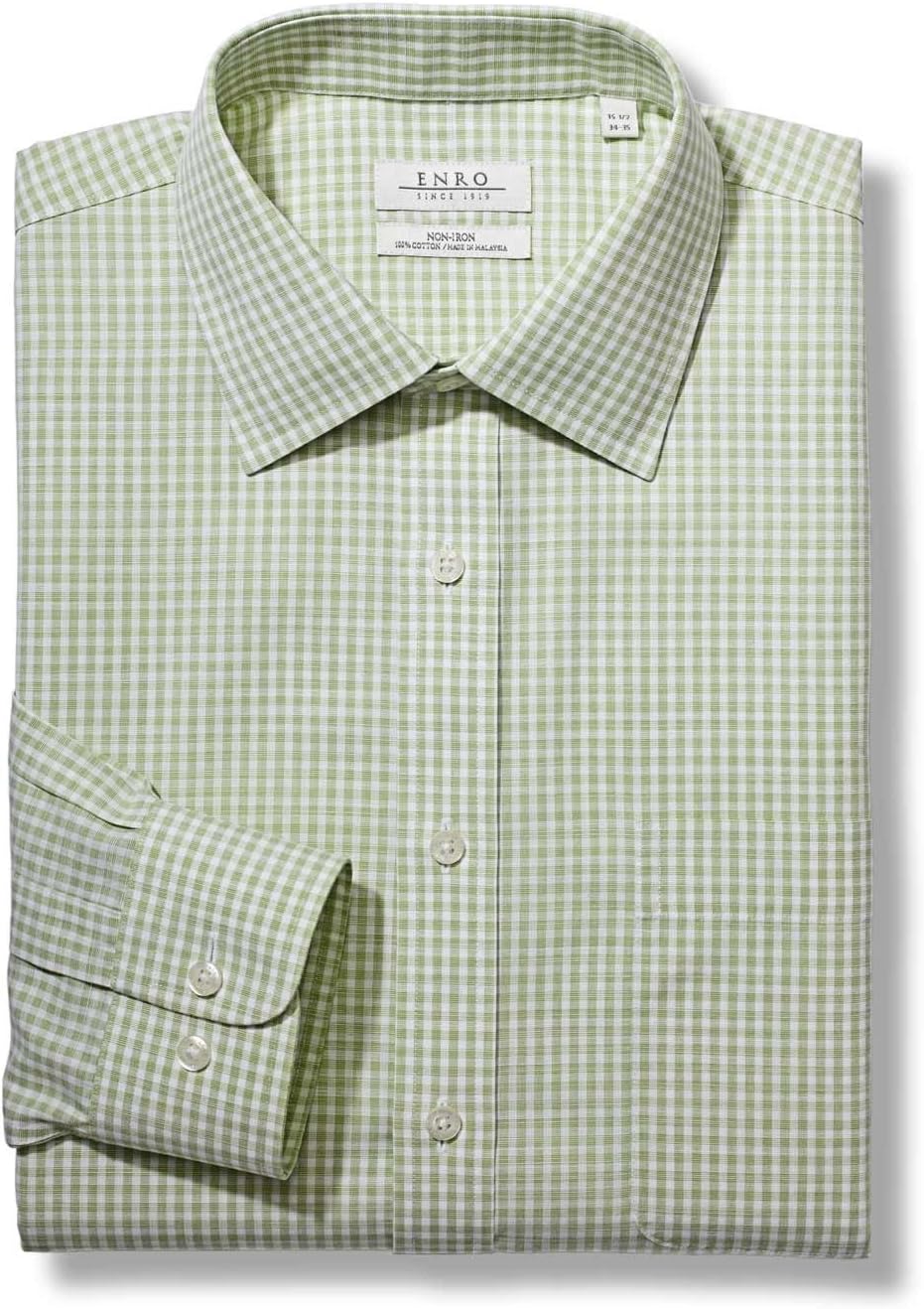 Enro Gingham Check Spread Collar Dress Shirt (Green, 16.5 34/35) at