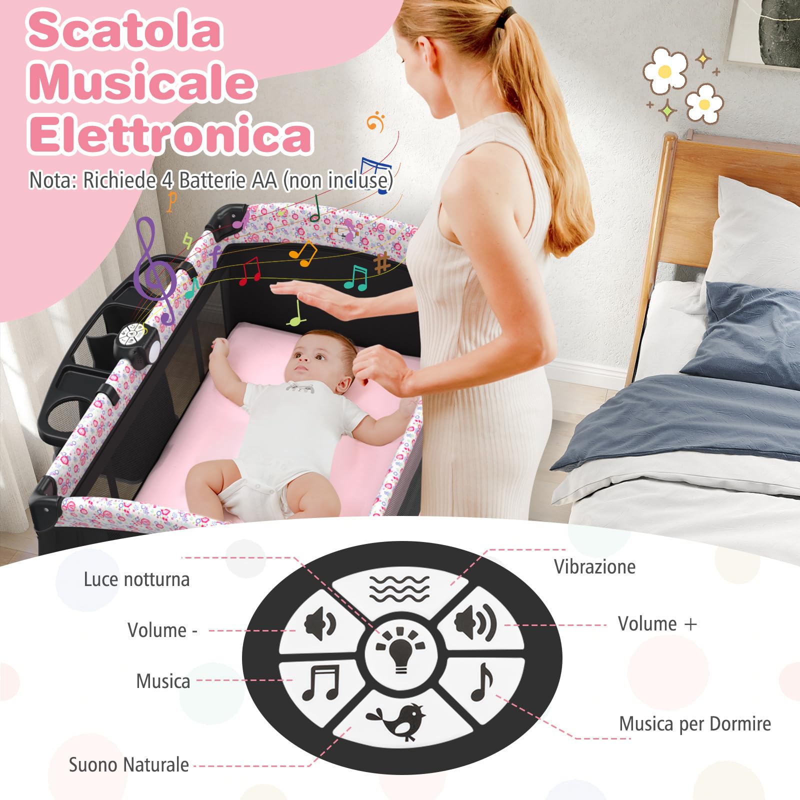 COSTWAY 4 in 1 Lettino Neonato con Materasso, Culla da Campeggio con Fasciatoio Cappottina Regolabile, Ruote Bloccabili, Box Piechevole per Bambini 0-36 Mesi (Fiore Grande)