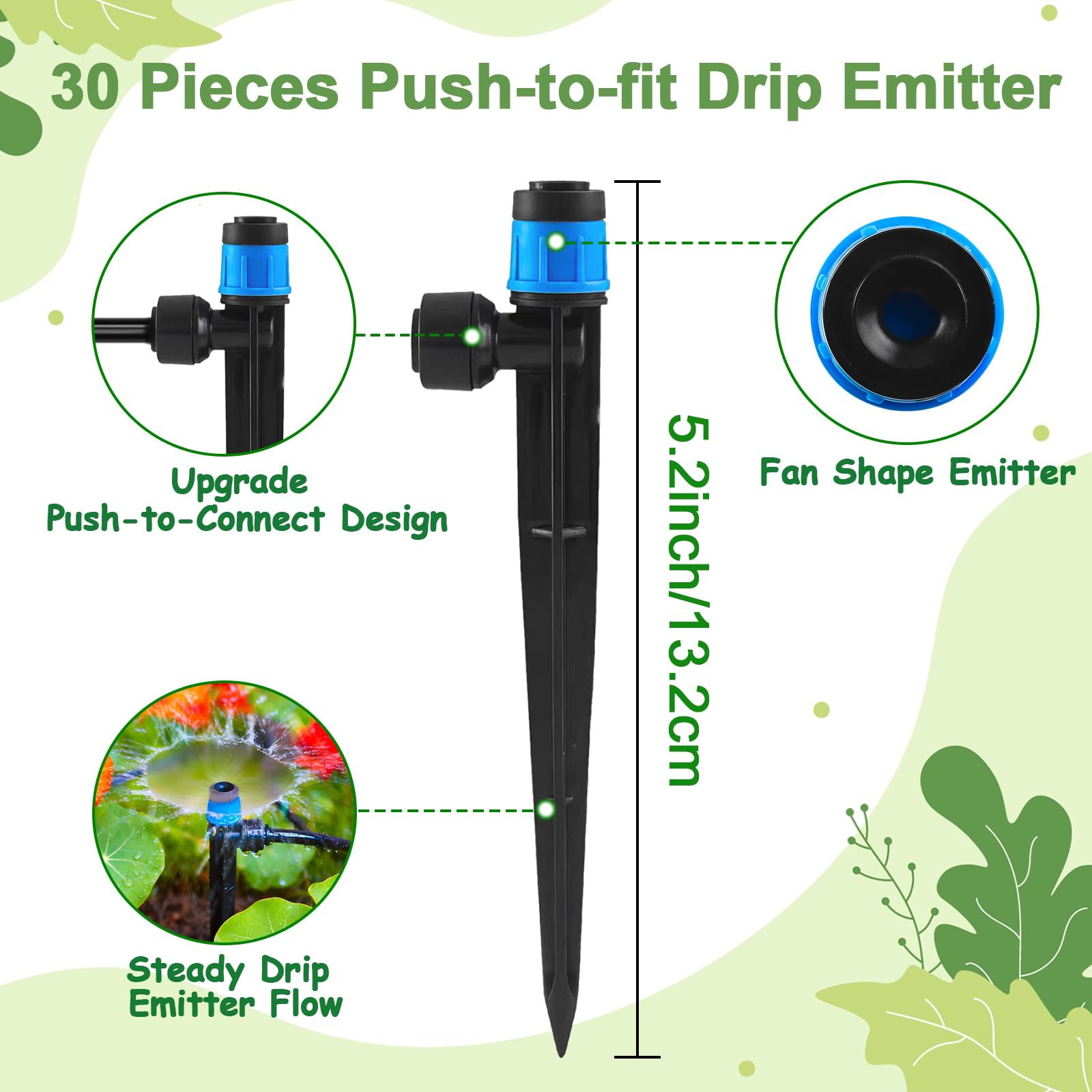 30 emisores de riego por goteo de conexión rápida Vortex para tubos de 1/4 pulgadas, flujo de agua ajustable de 360 grados en forma de ventilador, emisor de pulverización en estaca de 5