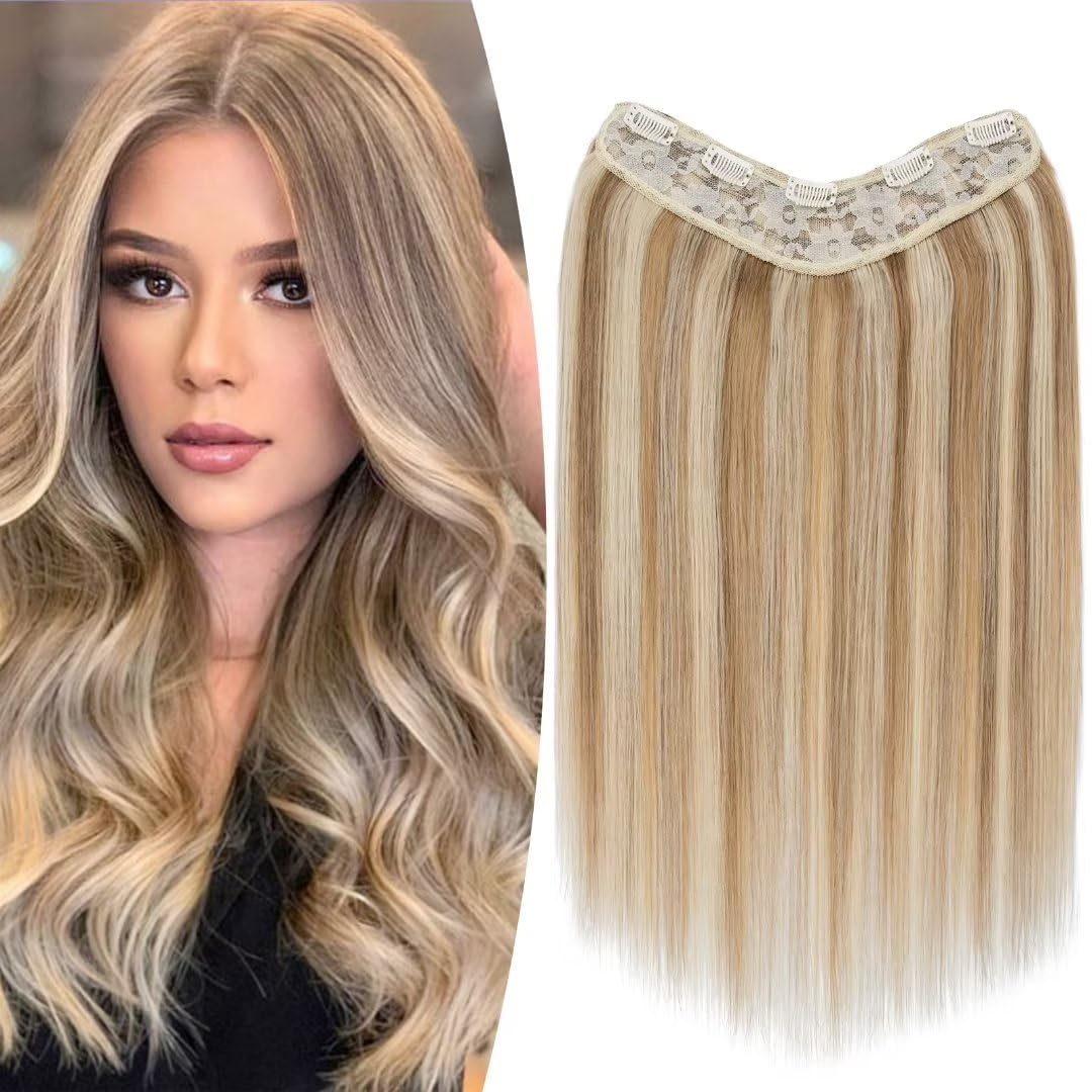 TESS Clip In Hair Extension Remy,Hair Extensions Real Human Hair One Peice U-Shaped Balayage Straight Hairpieces for Women/Ladies/Girls(#12/613 Golden Brown & Bleach Blonde,20Inch)