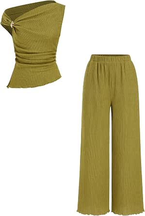 CIDER Women's Two Piece Outfits One Shoulder Sleeveless Tops with Metal Decor Wide Leg Pants Summer Casual Set