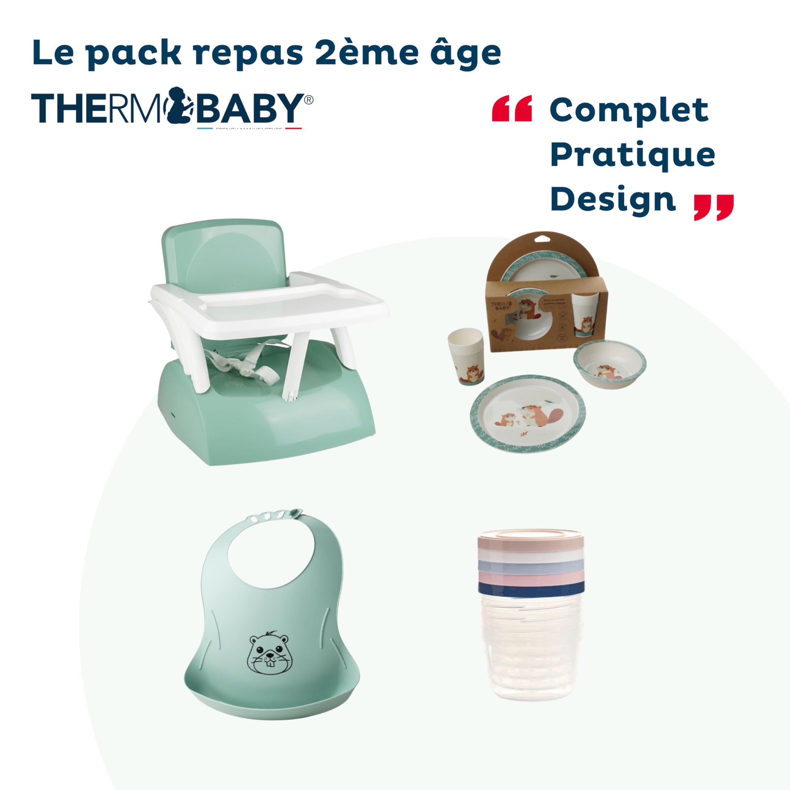 Rehausseur de chaise pour enfant + Boîtes de conservation + Coffret vaisselle micro-ondes + Bavoir semi-rigide