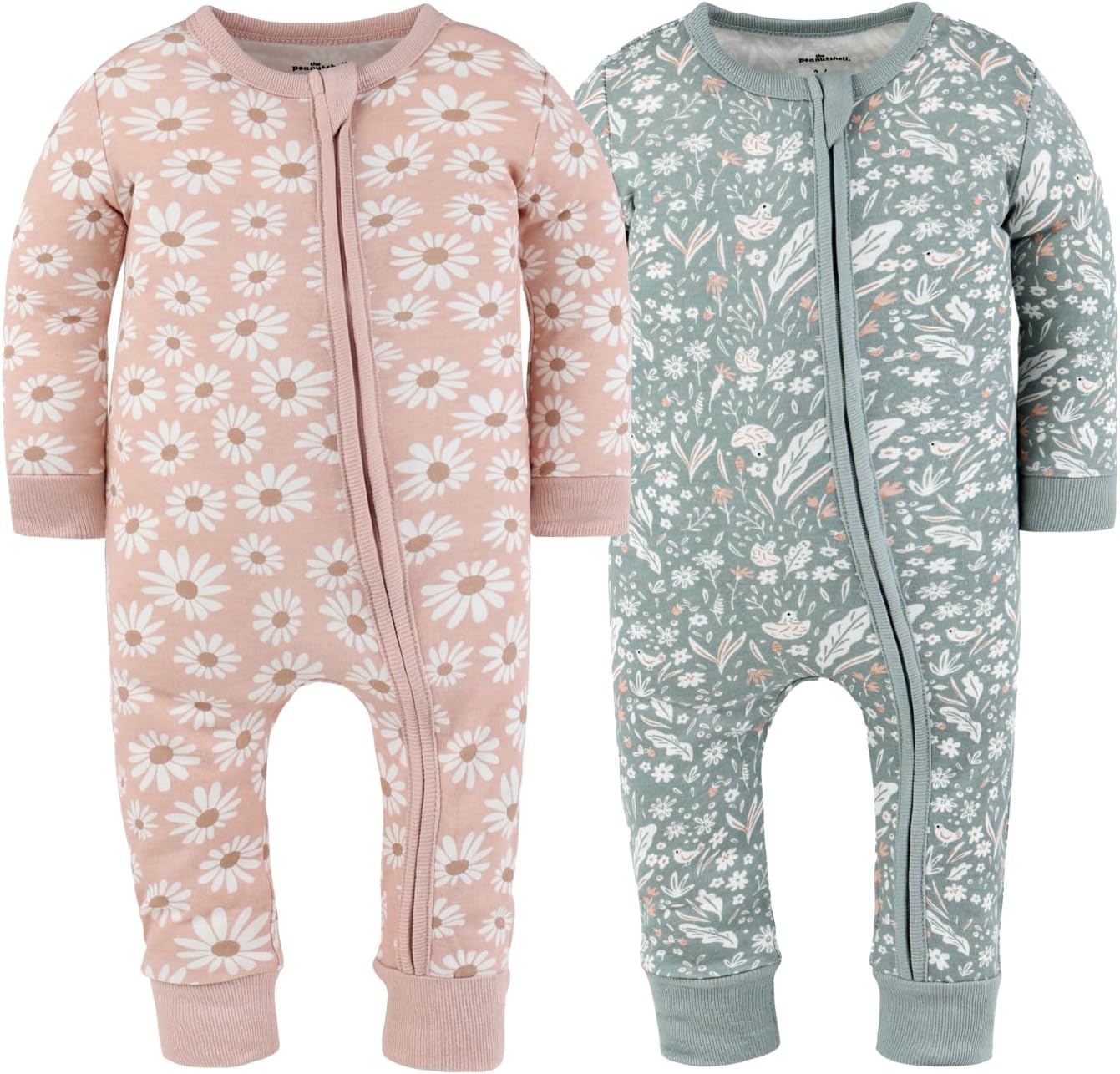 The Peanutshell 2-Pack Sleep and Play Baby Girl Clothes, Soft Cotton Footless Pajamas, Boho Meadow