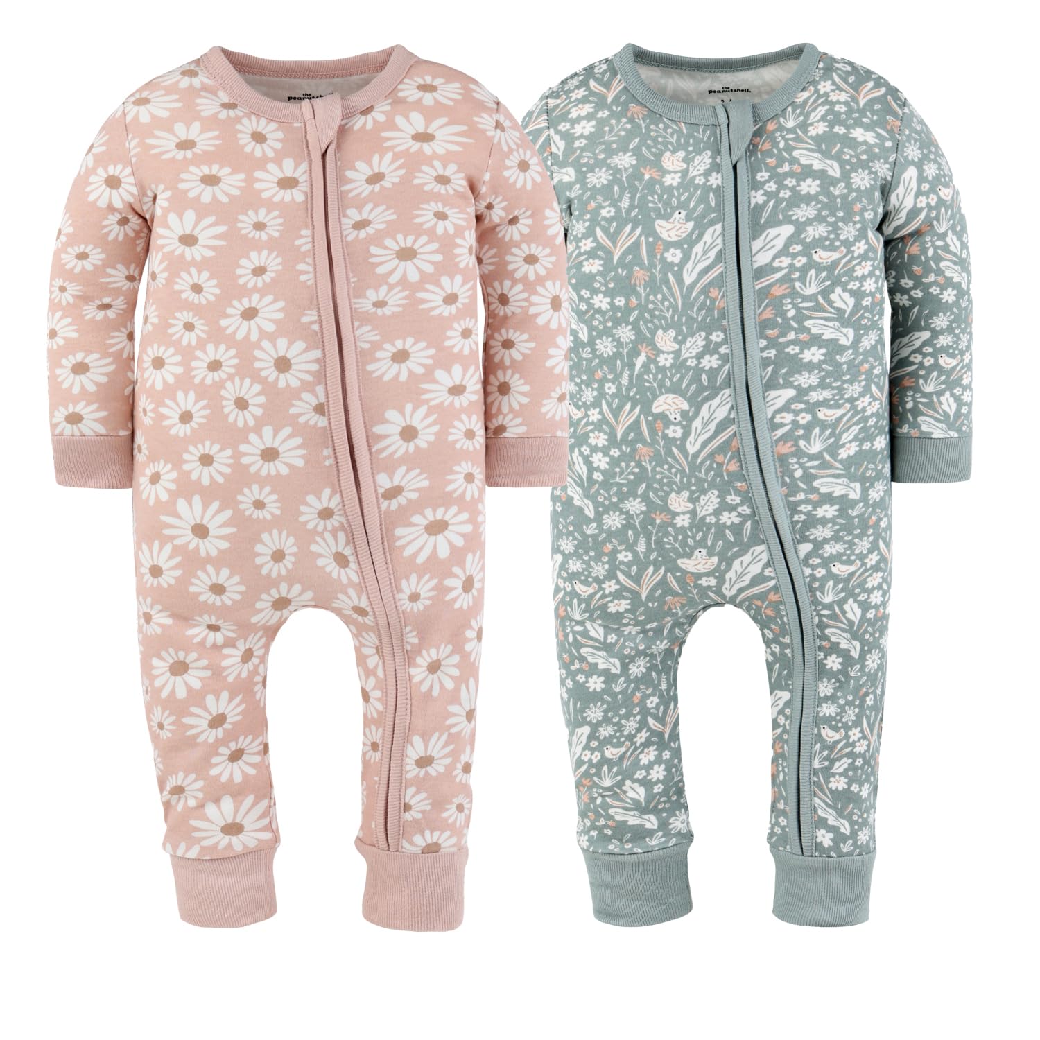 The Peanutshell 2-Pack Sleep and Play Baby Girl Clothes, Soft Cotton Footless Pajamas, Boho Meadow