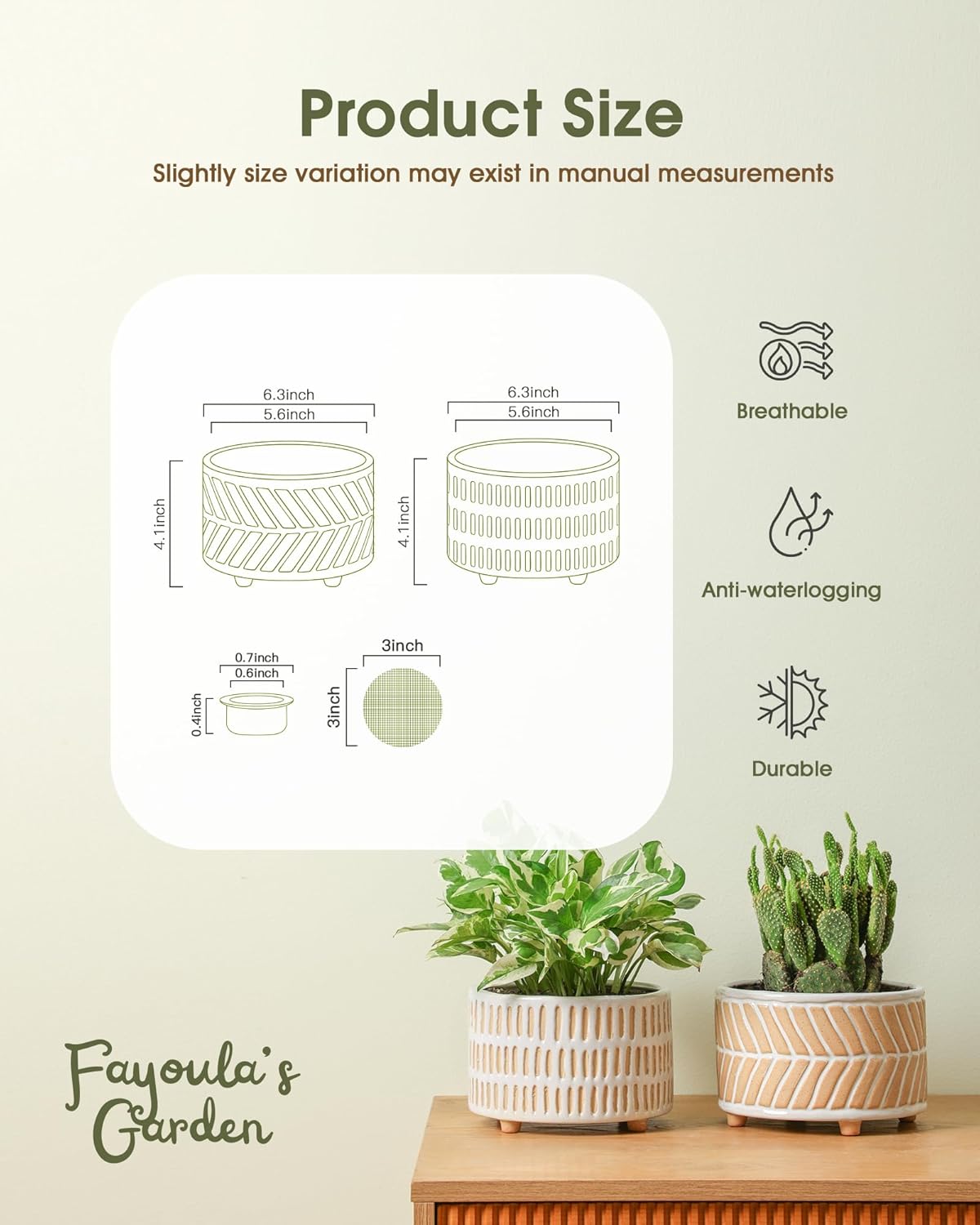 Succulent Pots, 6 Inch Planters with Drainage Hole, Modern Indoor Plant Pots for Succulents, Herbs, Aloe, Snake Plant - Ceramic Home Décor, Set of 2