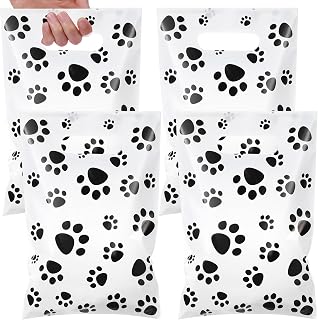 Pasimy 100 Pack Dog Paw Print Plastic Gift Bags with Handles - Bulk Treat Favor Bags for Puppy Birthday Parties (White, Black)