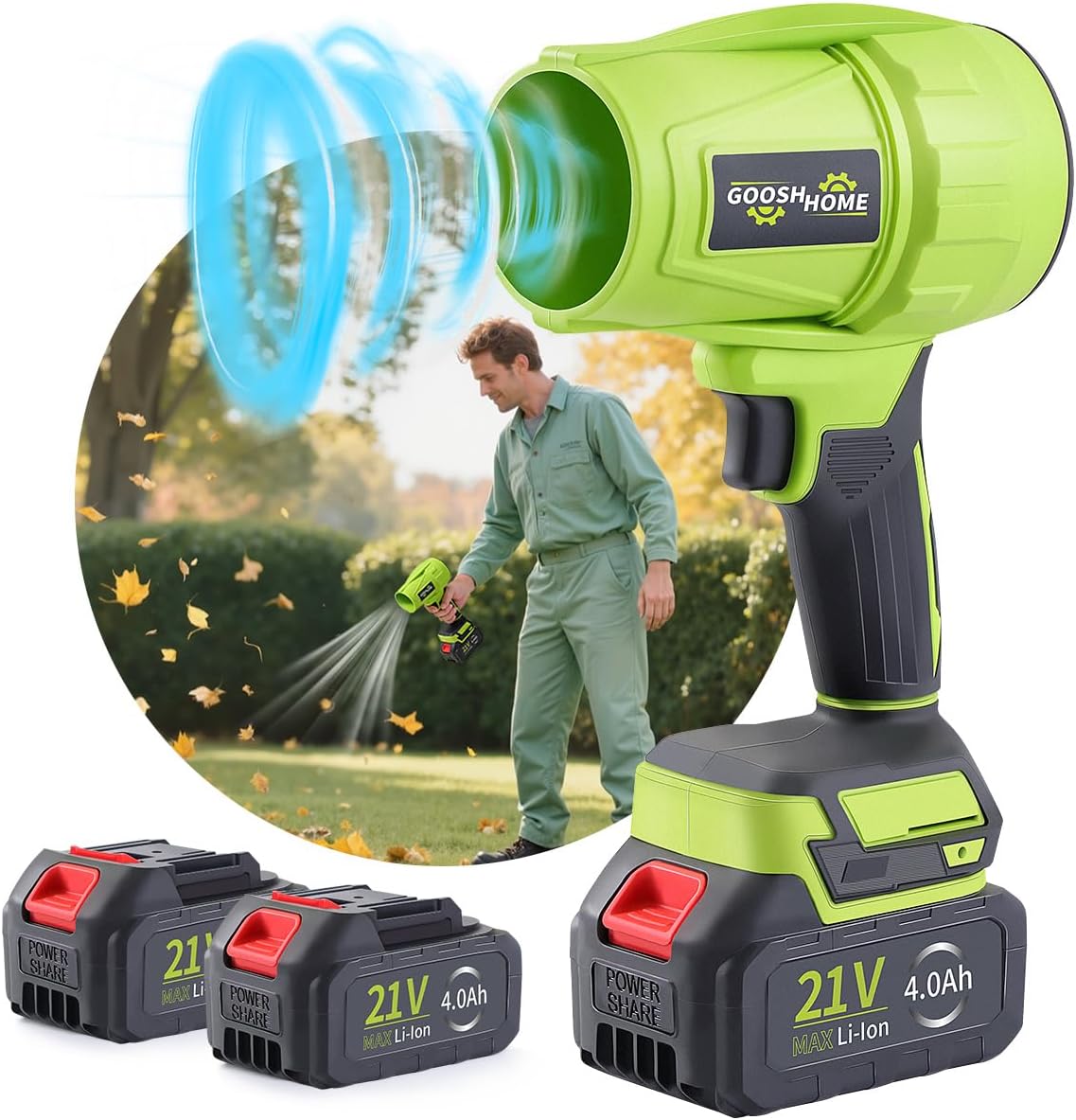 Cordless Leaf Blower - Portable Dust Cleaner Blowers for Lawn Care - 30000 RPM 200MPH -Handheld Turbo Blower for Car Drying, Blowing Leaves (Green-with Battery)